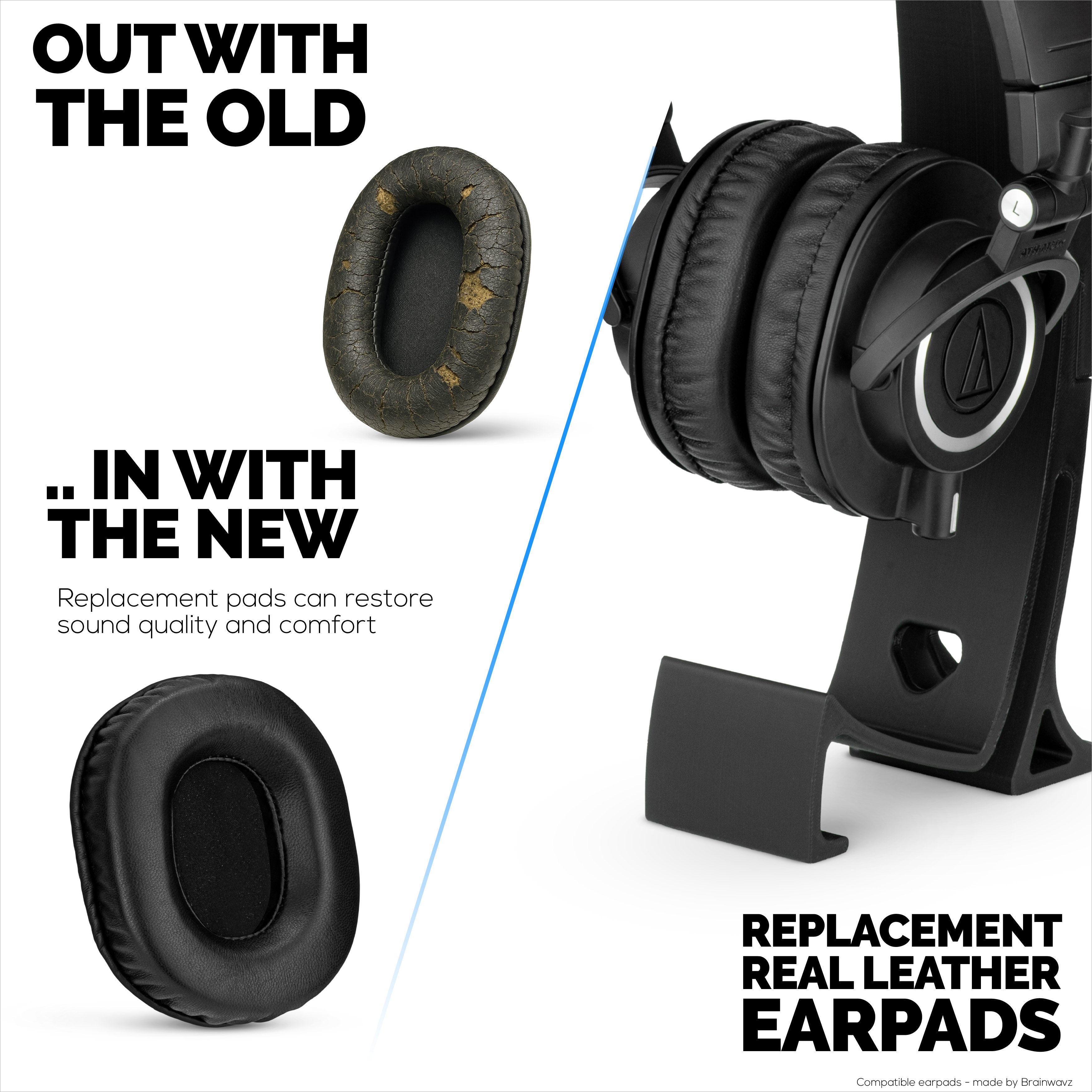 Replacement Sheepskin Earpads for Audio Technica ATH-M50X, M50xBT, M50RD, M40X, M30X, M20X Headsets. Soft Real Leather and Memory Foam