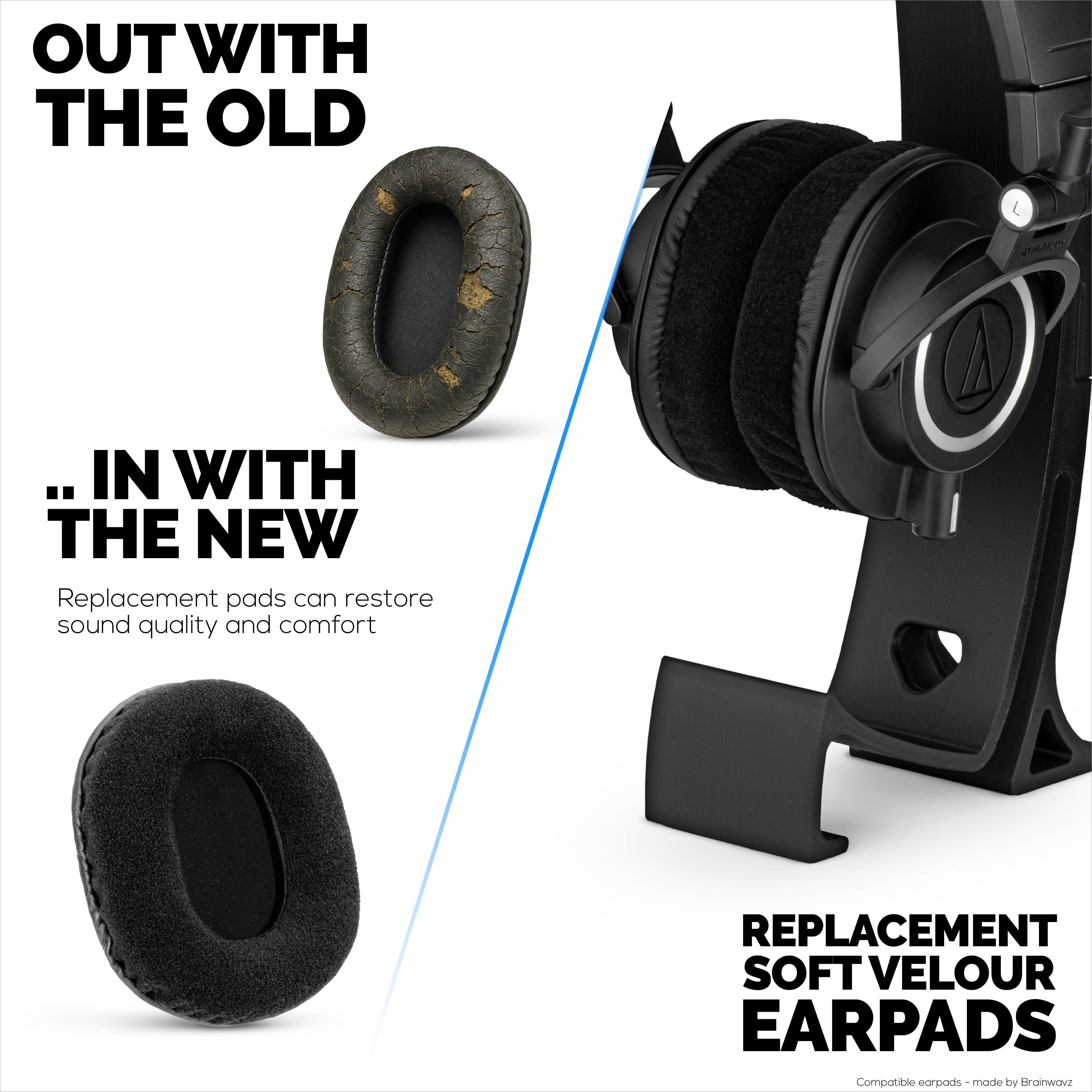 Replacement Velour Earpads for Audio Technica ATH-M50X, M50xBT, M50RD, M40X, M30X, M20X Headsets. Soft Velour & Memory Foam for Extra Comfort