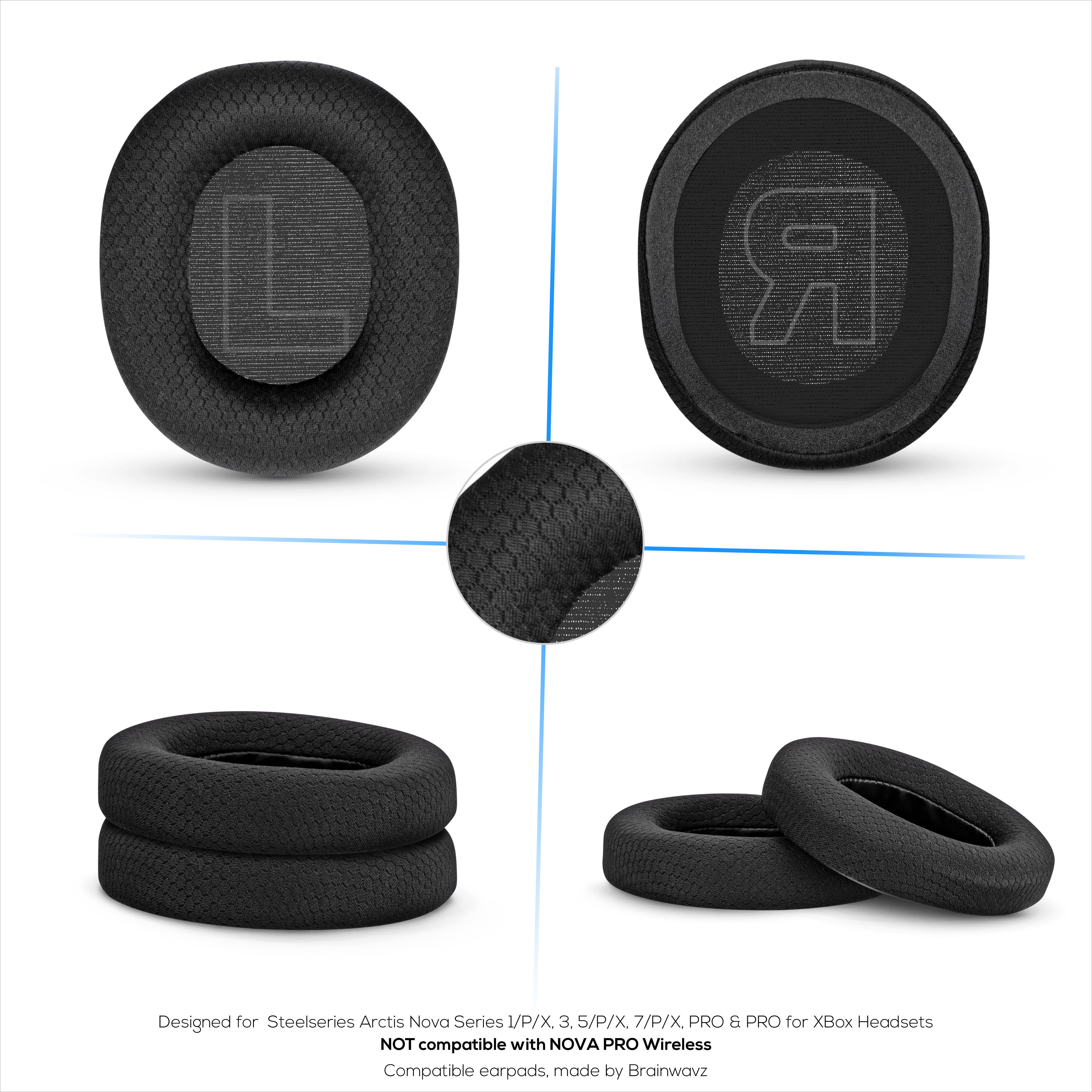 Fabric Earpads for Steelseries Arctis Nova Series 1/P/X, 3, 5/P/X, 7/P/X, PRO & PRO for XBox Headsets, Breathable Mesh Fabric & High-Grade Memory Foam