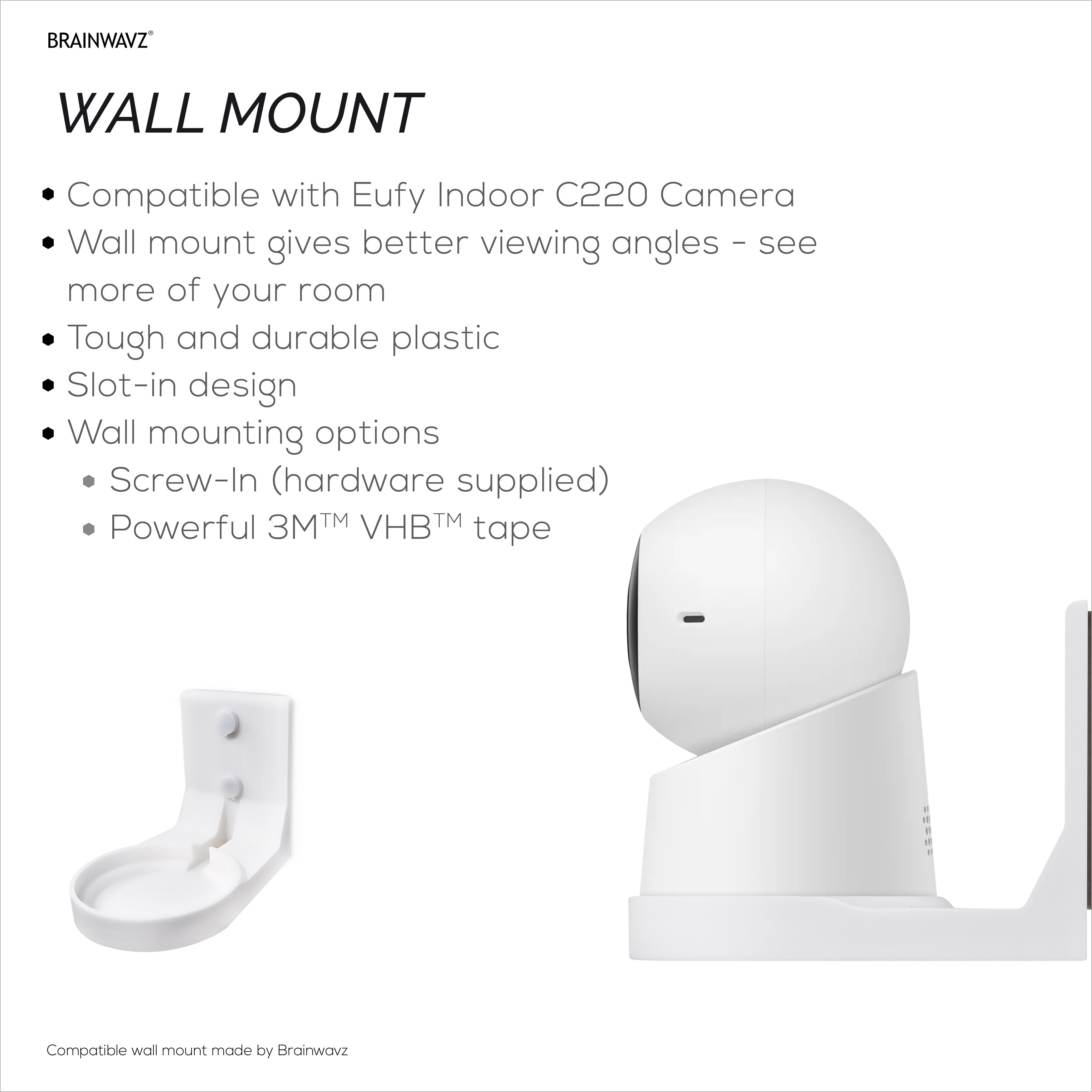 Wall Mount for Eufy Indoor C220 & E30 Security Cameras – Easy Install Custom Fit Bracket with 3M VHB Tape & Screws for Secure Mounting