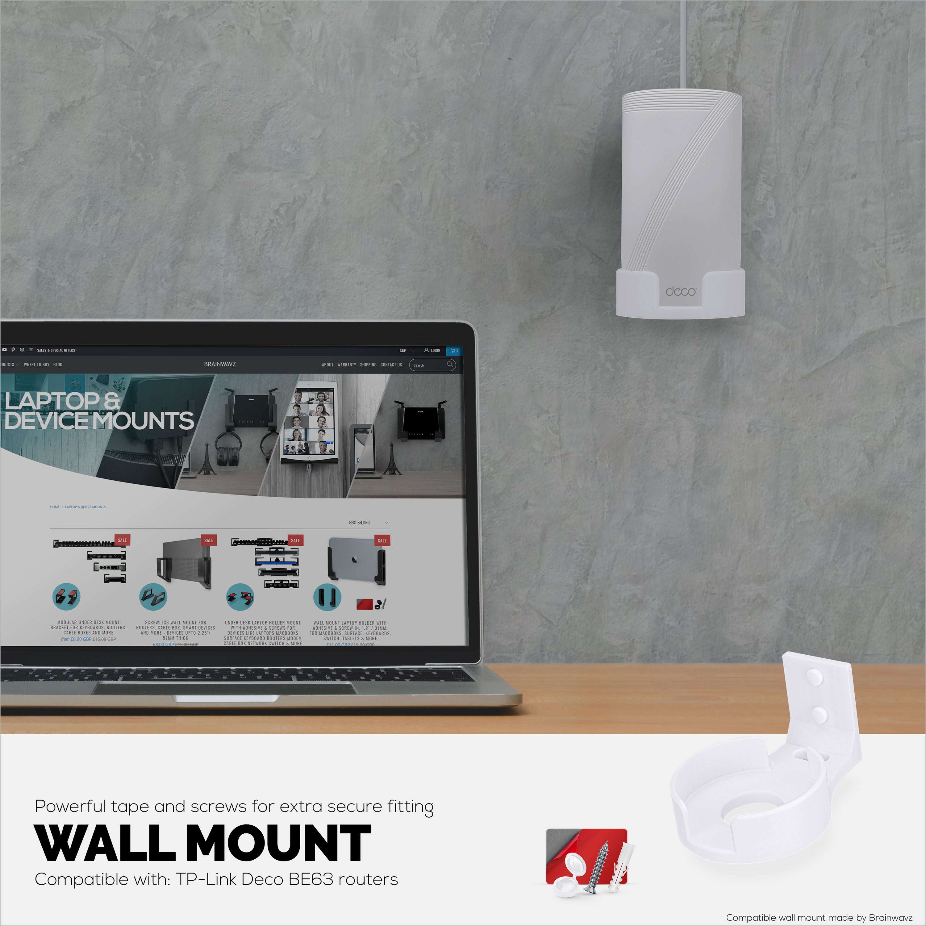 Adhesive Wall Mount for TP Link BE63 (BE1000) WiFi Mesh Router, Easy To Install Holder, Stick On & Screw In Mounting