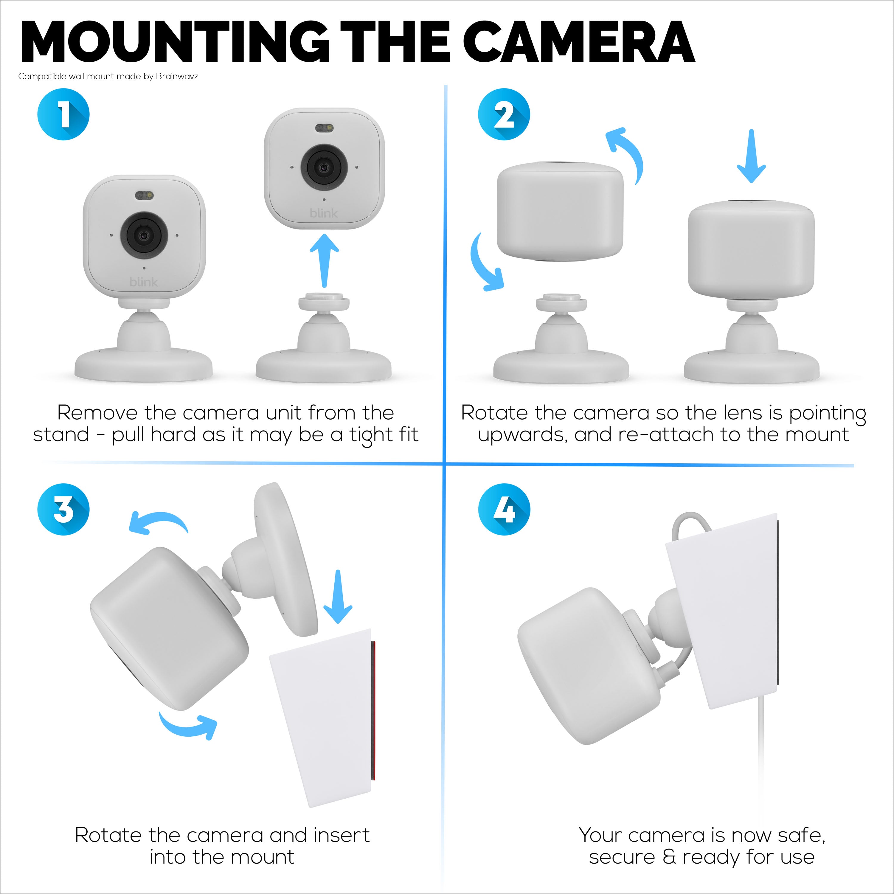 Screwless Wall Mount for Blink Mini 2, Easy To Install Holder, Angled for Better Views, Screw In Option