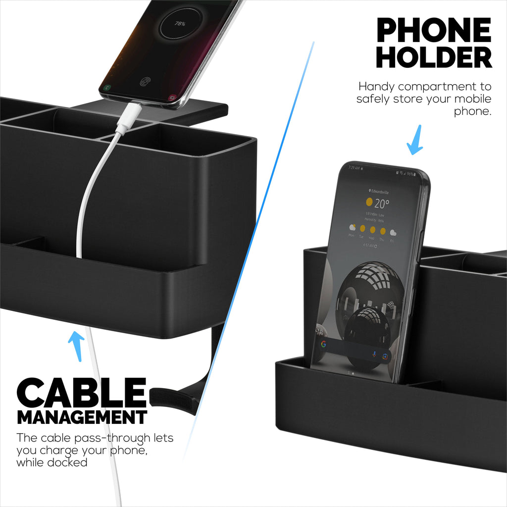 Remote Control, Stationery, Headphone & Phone Holder Hanger Stand for Tables and Desks, Easy To Install, Adjustable Clamp, Suitable for Different Size Remotes, Pens, Pencils, Headsets, Phones & More