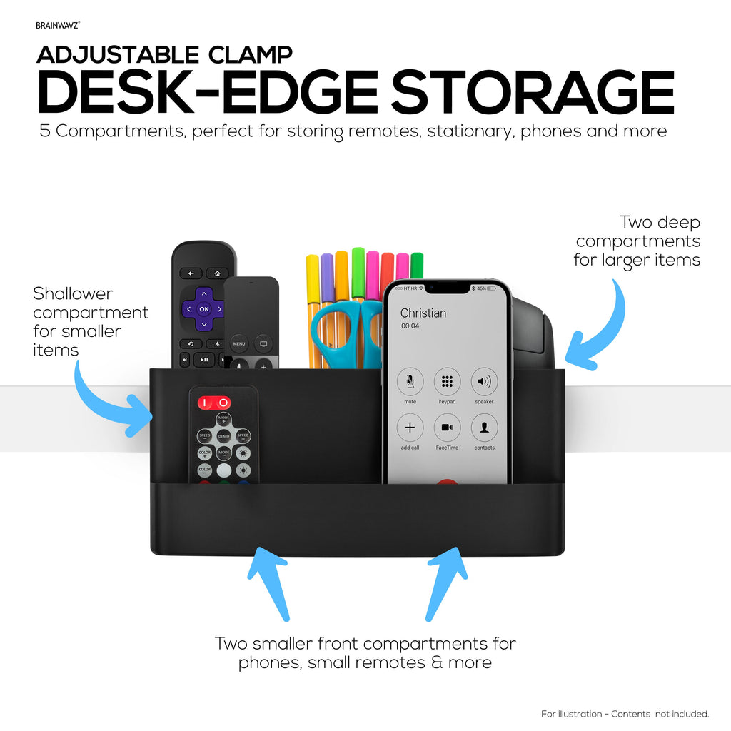 Remote Control, Stationery, Headphone & Phone Holder Hanger Stand for Tables and Desks, Easy To Install, Adjustable Clamp, Suitable for Different Size Remotes, Pens, Pencils, Headsets, Phones & More