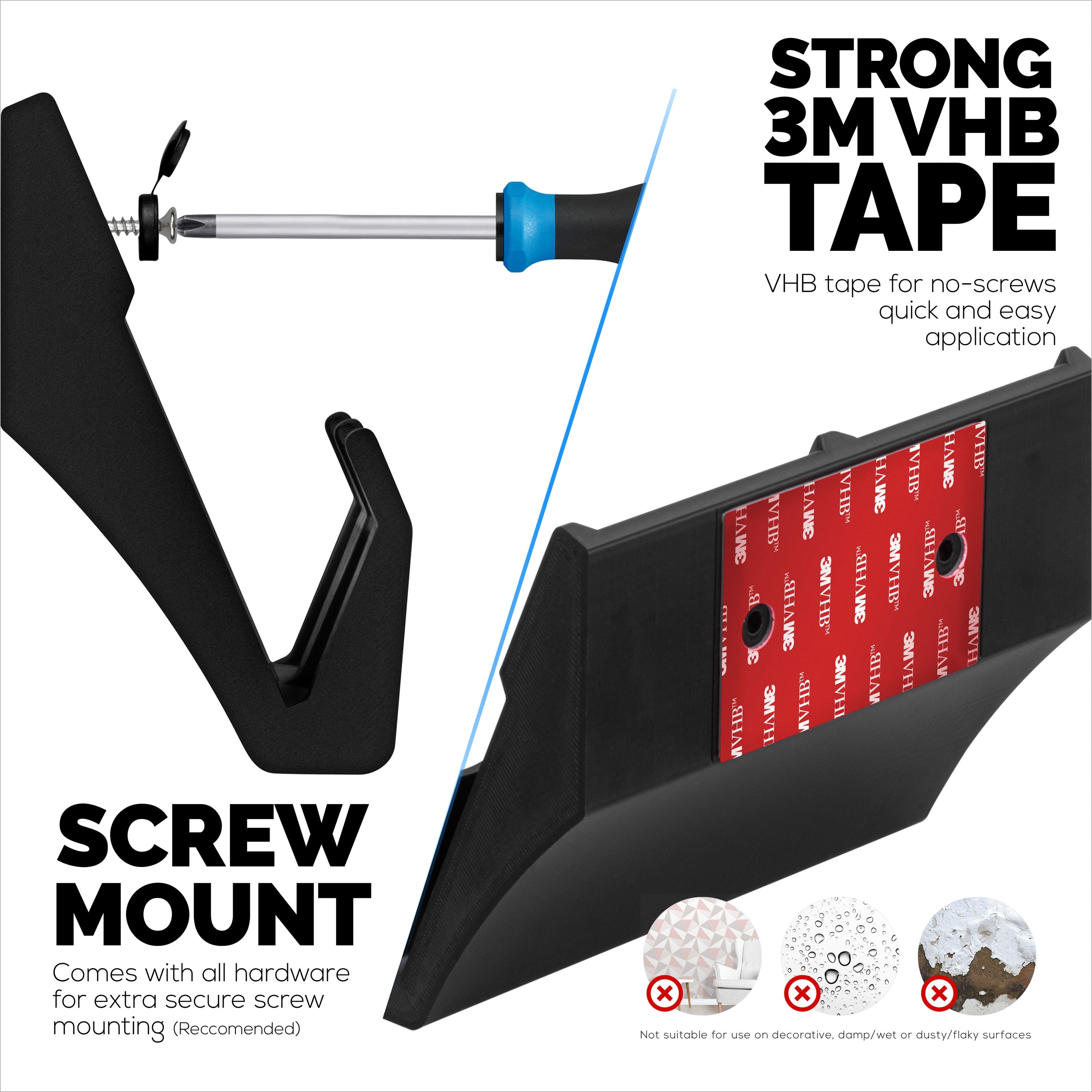 Wall Mount Dual Mouse Holder Display Stand - Holds Gaming & Most Size Mice, Screw-In or Stick-On Mounting Options