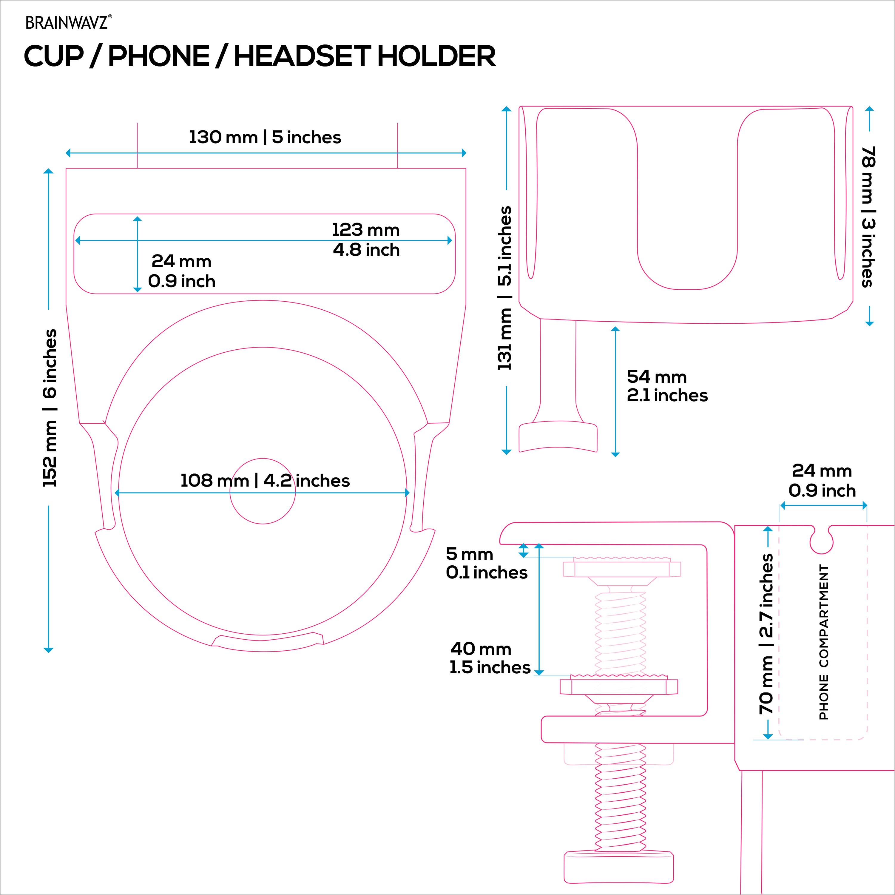 Desk Cup Holder with Headphone Hanger & Phone, Pen & Stationery Holder - Adjustable Clamp, Installs to Desks and Tables, Holds Mugs & Cups up to 10cm in Diameter
