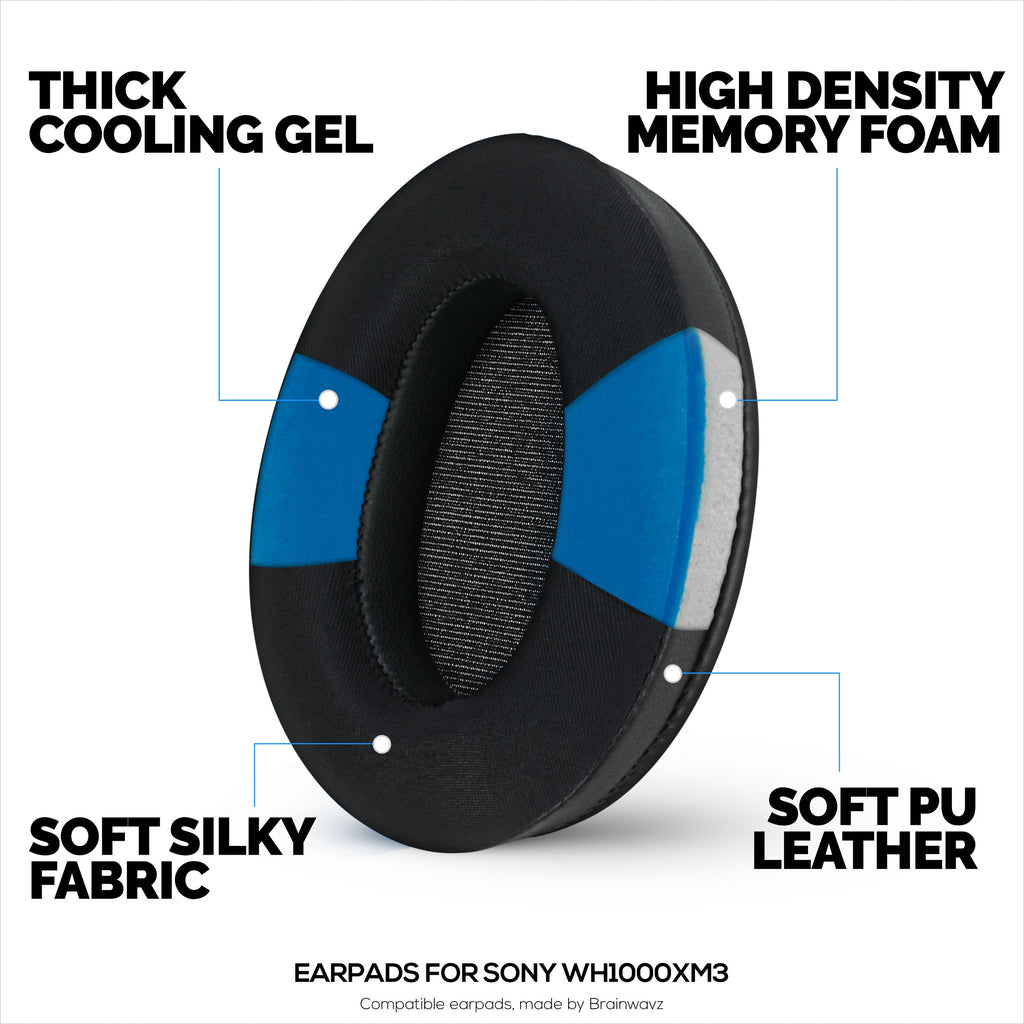 Hybrid Gel Earpads for Sony WH-1000XM3 Headphones, Cool Gel, Super Soft Fabric, PU Leather & Thicker Memory Foam