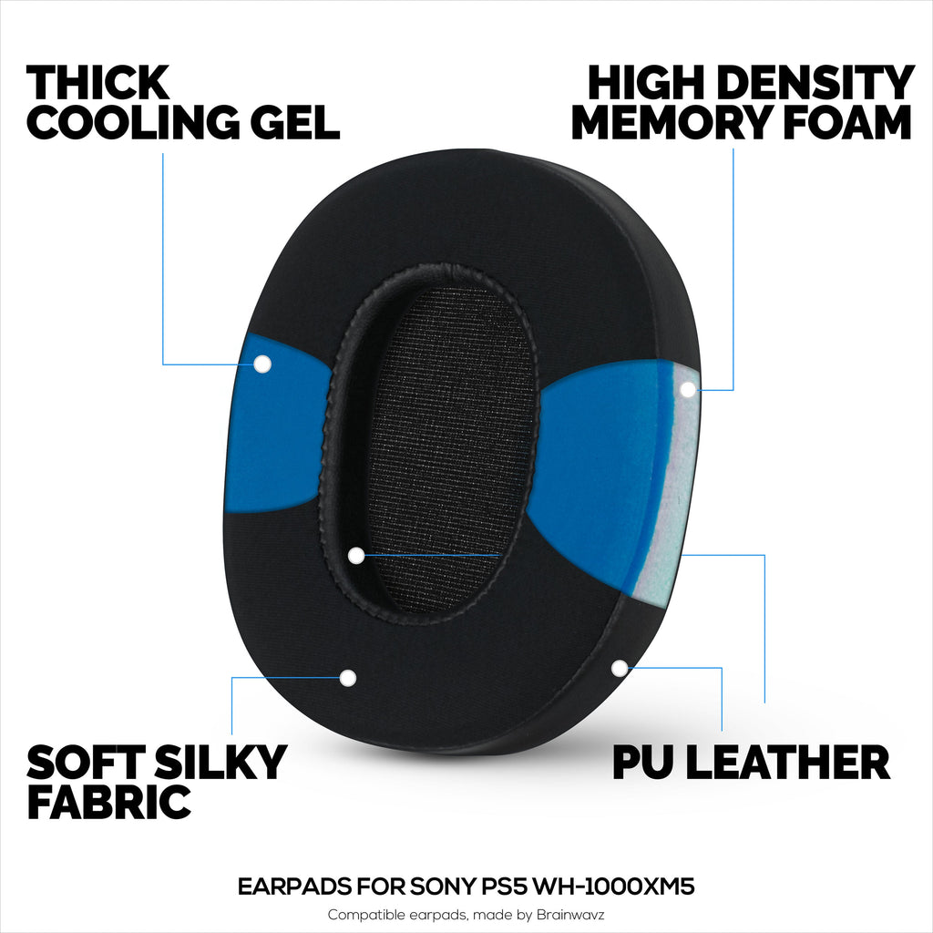 Hybrid Gel Earpads for Sony WH-1000XM5 Headphones, Cool Gel, Super Soft Fabric, PU Leather & Thicker Memory Foam