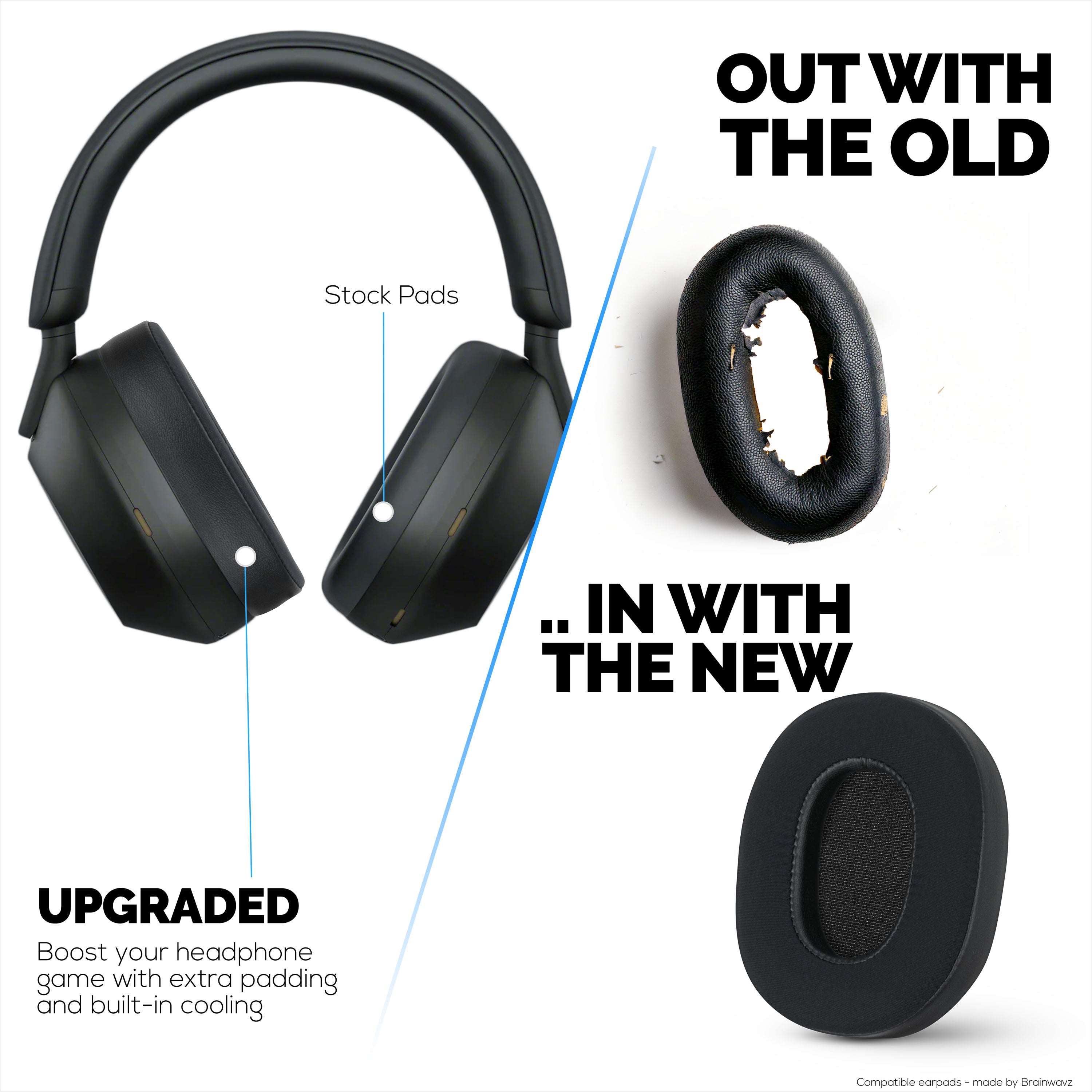 Hybrid Gel Earpads for Sony WH-1000XM5 Headphones, Cool Gel, Super Soft Fabric, PU Leather & Thicker Memory Foam