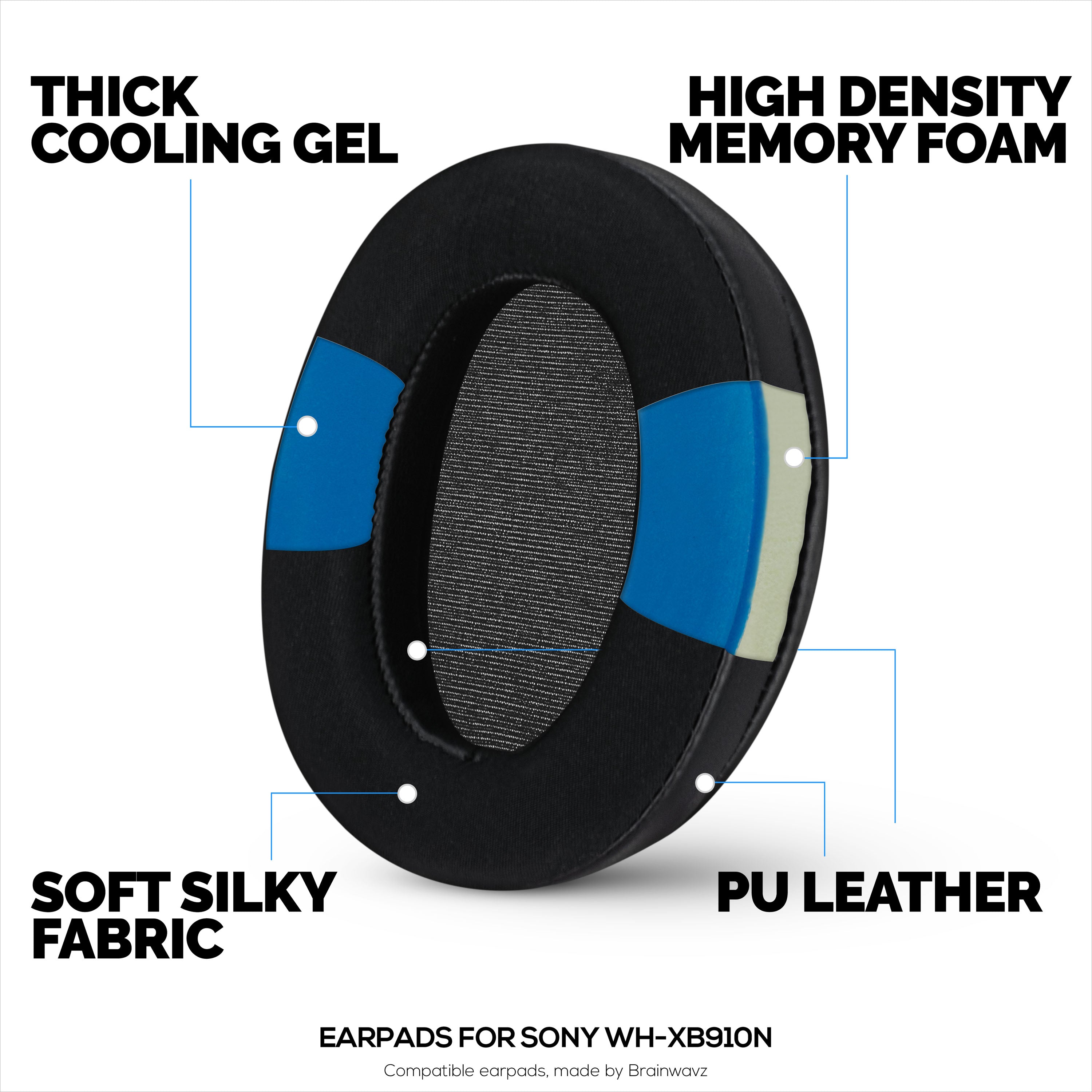 Hybrid Earpads for Sony WH-XB910N Headphones, Cool Gel, Super Soft Fabric, PU Leather & Thicker Memory Foam