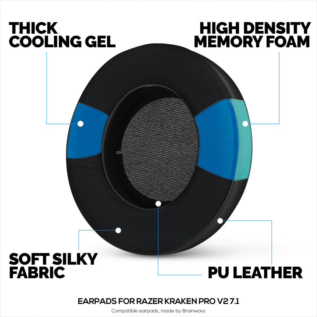 Hybrid Earpads for Razer Kraken PRO V2 7.1 Headphones, Cool Gel, PU Leather & Thicker Memory Foam