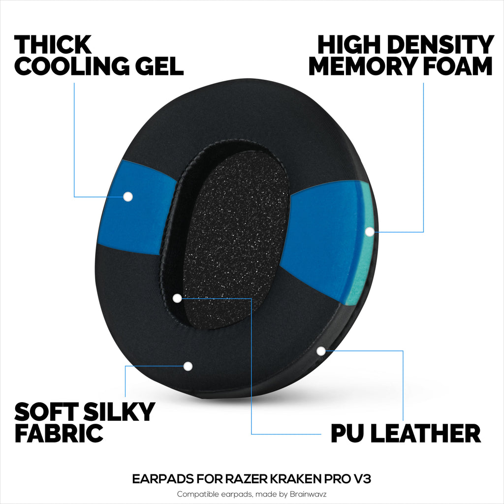 Hybrid Earpads for Razer Kraken PRO V3 Headphones, Cool Gel, PU Leather & Thicker Memory Foam