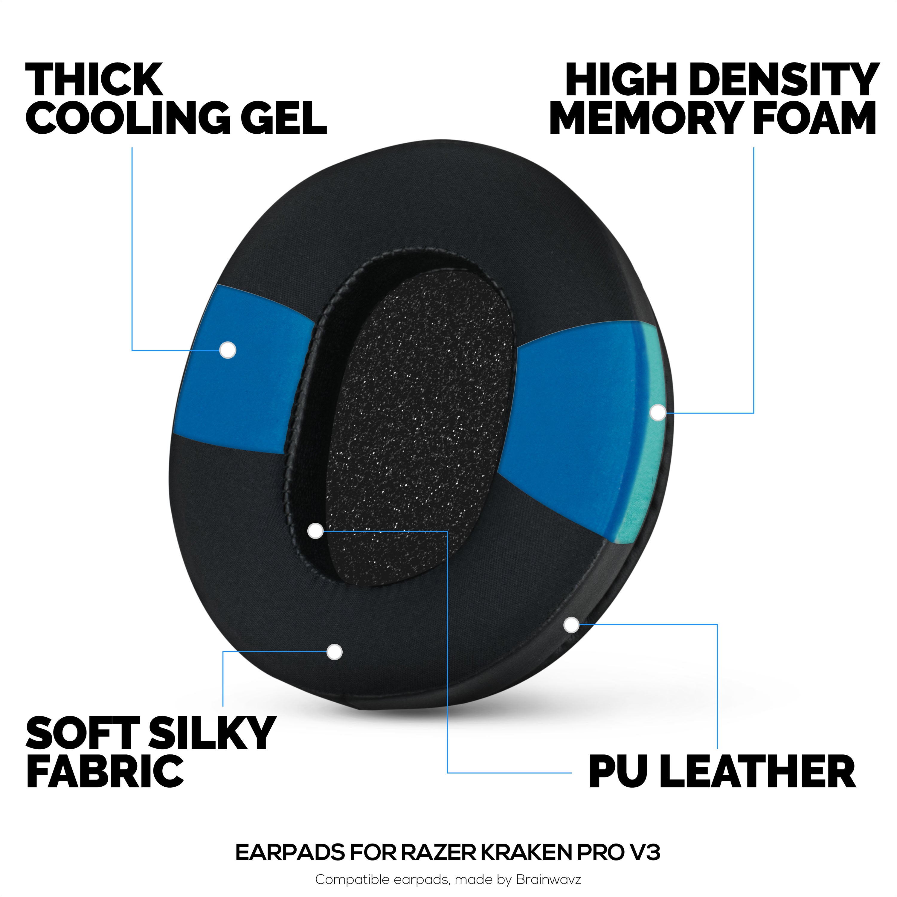 Hybrid Earpads for Razer Kraken PRO V3 Headphones, Cool Gel, PU Leather & Thicker Memory Foam