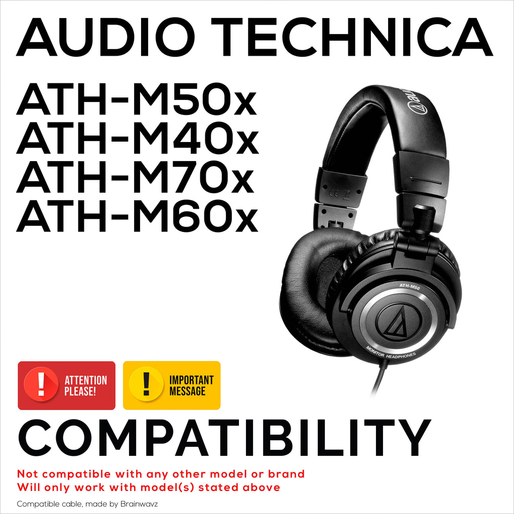 Coiled Replacement Audio Cable Compatible with Audio-Technica ATH-M50x, M40x, M70x, M60x – 2.5mm to 3.5mm Gold-Plated Jacks with 6.5mm Adapter