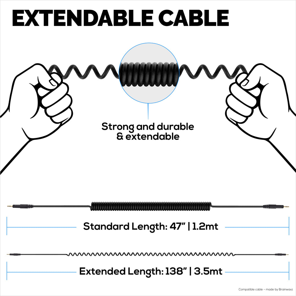 Coiled Replacement Audio Cable Compatible with Audio-Technica ATH-M50x, M40x, M70x, M60x – 2.5mm to 3.5mm Gold-Plated Jacks with 6.5mm Adapter