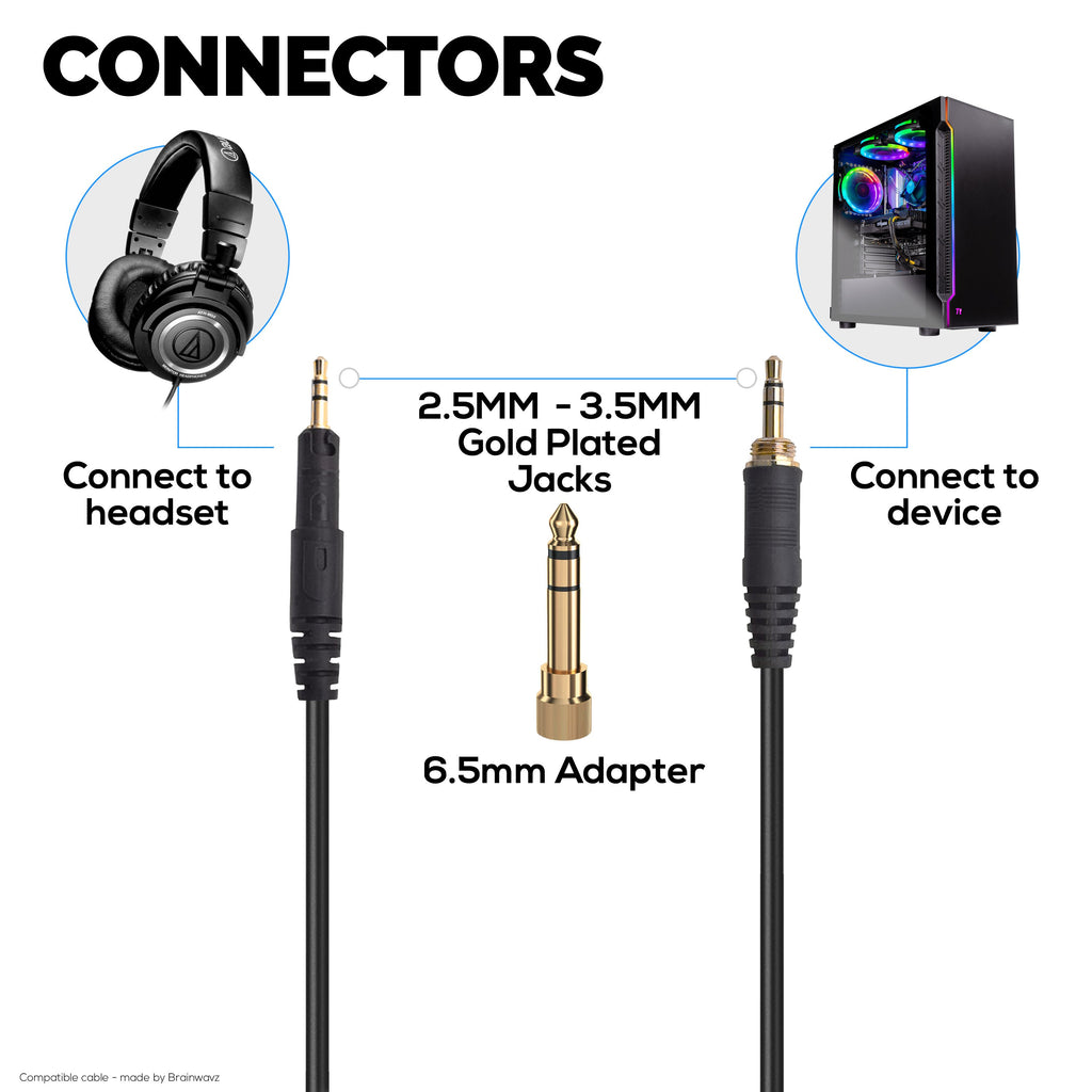 Coiled Replacement Audio Cable Compatible with Audio-Technica ATH-M50x, M40x, M70x, M60x – 2.5mm to 3.5mm Gold-Plated Jacks with 6.5mm Adapter