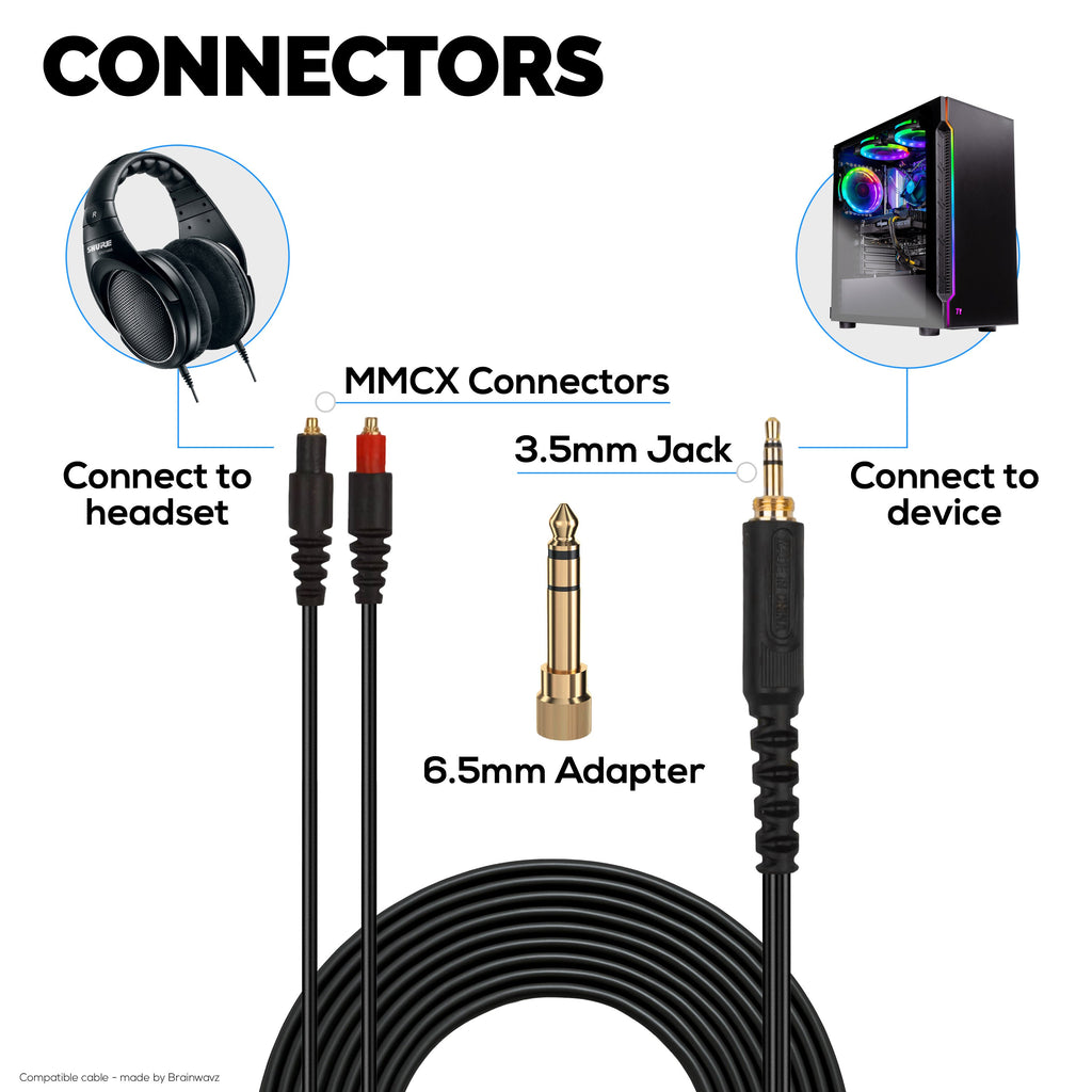 Replacement Audio Cable Compatible with Shure SRH1440, SRH1540, SRH1840 Headsets – MMCX to 3.5mm Gold-Plated Connectors with 6.5mm Adapter