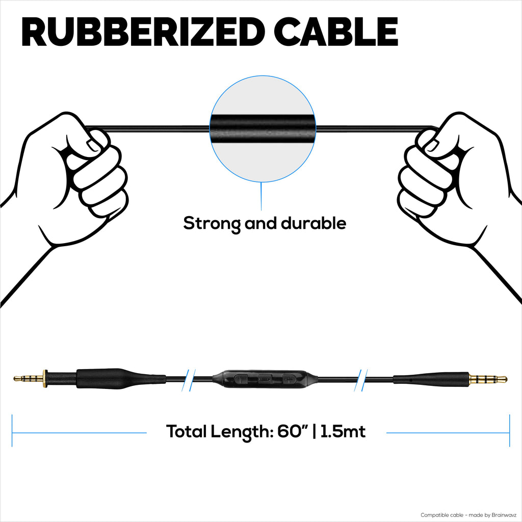 Replacement Audio Cable Compatible with AKG K430 K450 K451 K452 K480 & Q460 – In-Line Remote w/ Mic, Volume, Play/Pause – 1.5m/60”
