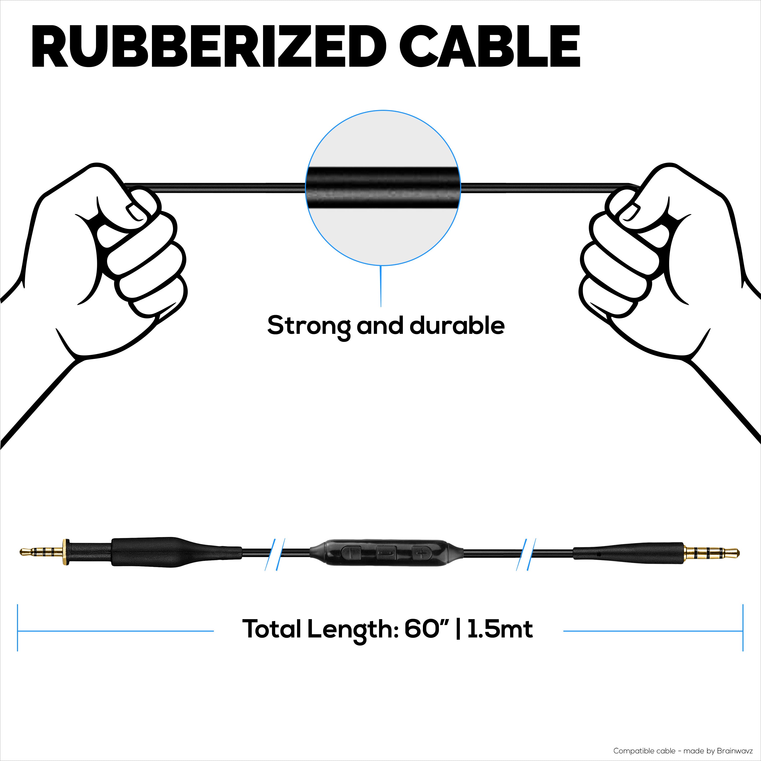 Replacement Audio Cable Compatible with AKG K430 K450 K451 K452 K480 & Q460 – In-Line Remote w/ Mic, Volume, Play/Pause – 1.5m/60”