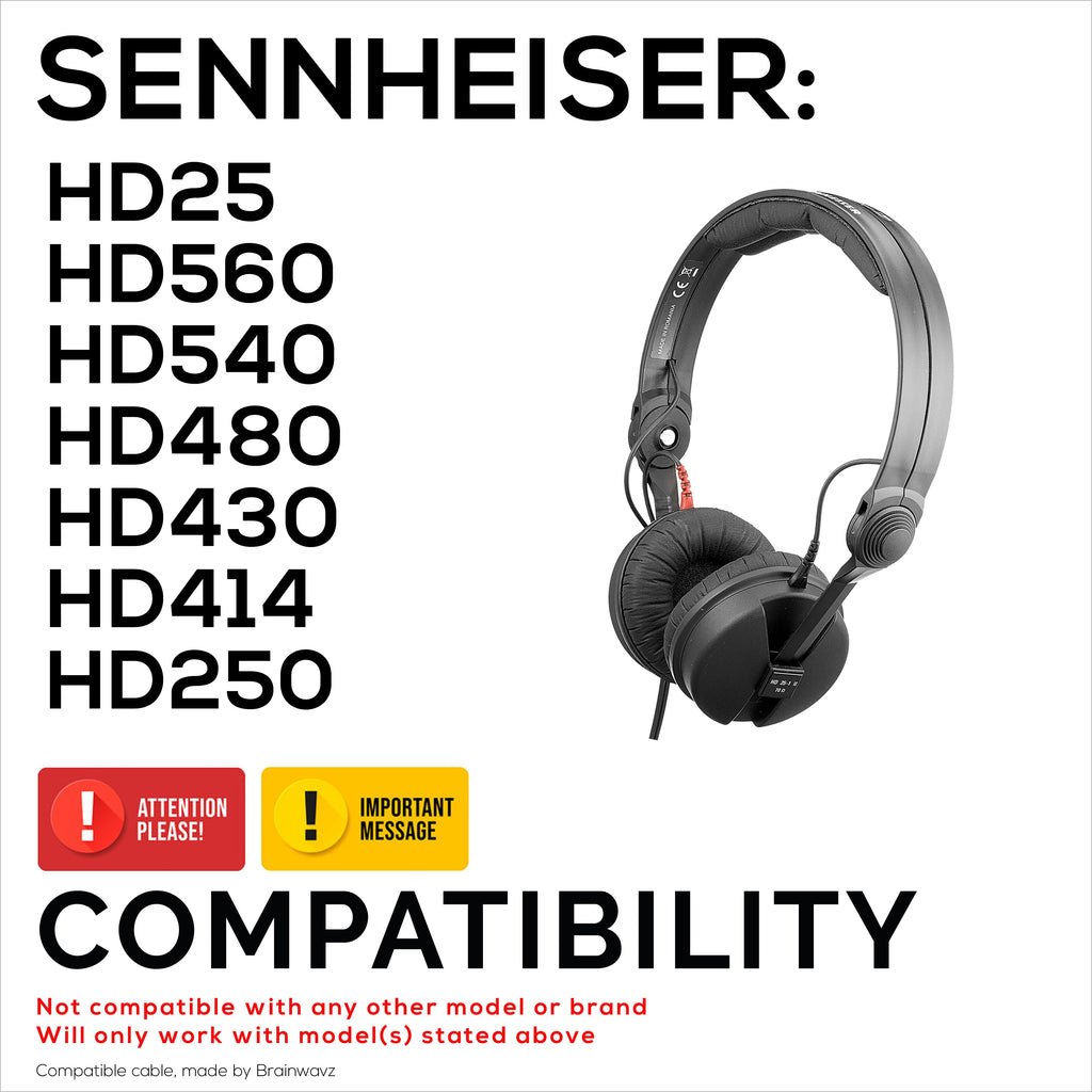 Coiled Replacement Audio Cable Compatible with Sennheiser HD25, HD560, HD540, HD480, HD430, HD414 &  HD250 Headsets -  3.5mm Gold Plated Jacks