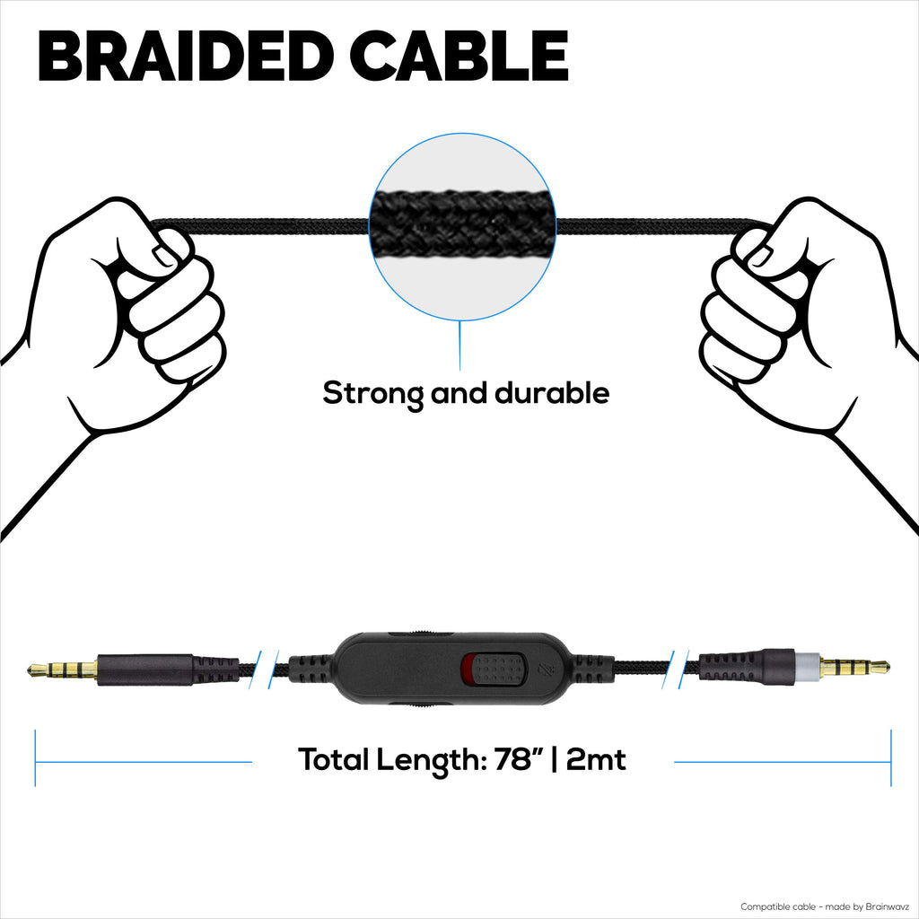 Replacement Audio Cable Compatible with Kingston HyperX Cloud Mix & Cloud Alpha Headsets – Inline Remote w/ Mute & Volume Control – Nylon Braided Cord w/ Gold Plated Connectors