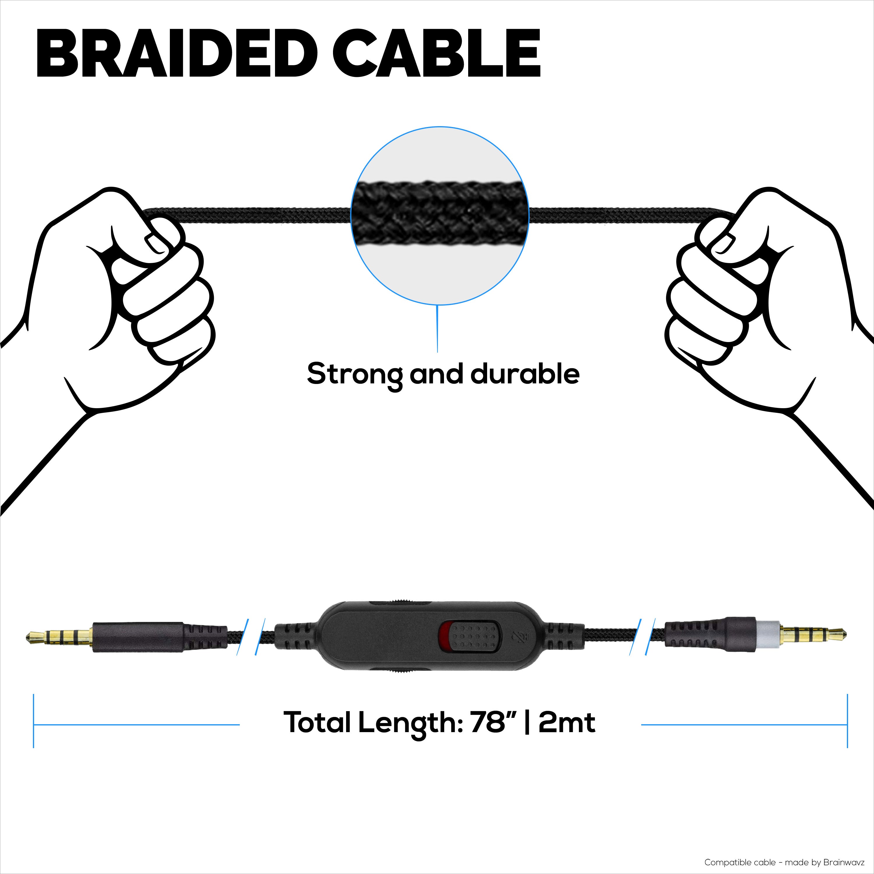 Replacement Audio Cable Compatible with Kingston HyperX Cloud Mix & Cloud Alpha Headsets – Inline Remote w/ Mute & Volume Control – Nylon Braided Cord w/ Gold Plated Connectors