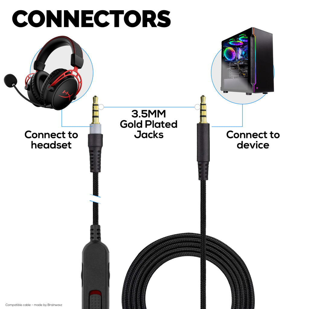 Replacement Audio Cable Compatible with Kingston HyperX Cloud Mix & Cloud Alpha Headsets – Inline Remote w/ Mute & Volume Control – Nylon Braided Cord w/ Gold Plated Connectors