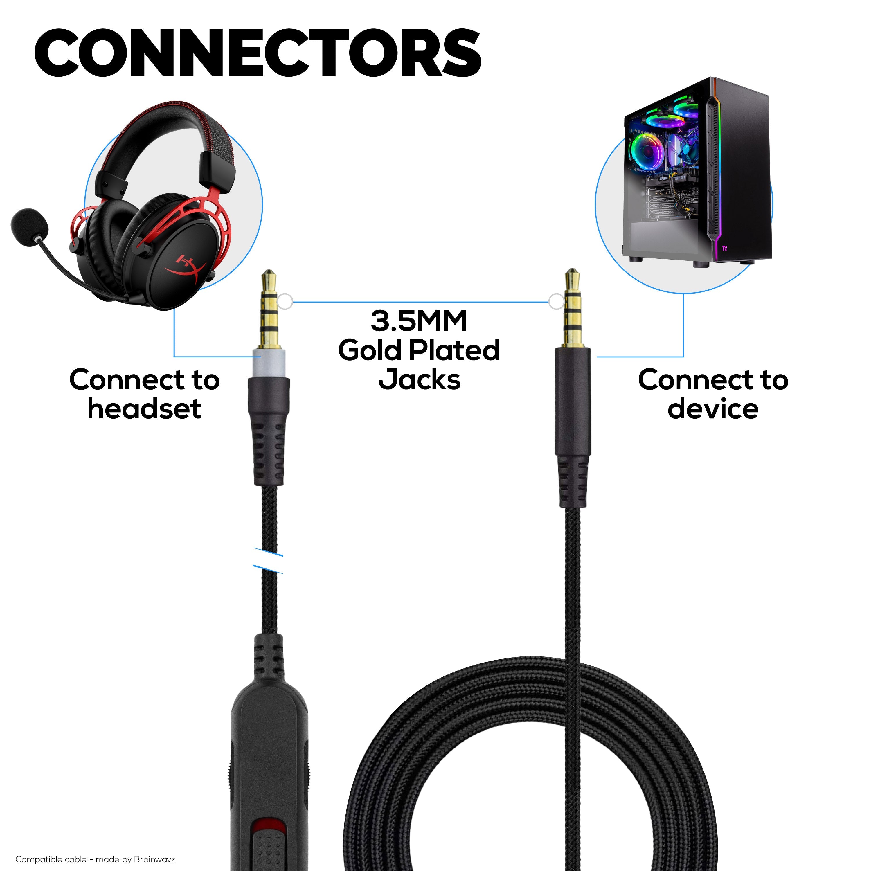Replacement Audio Cable Compatible with Kingston HyperX Cloud Mix & Cloud Alpha Headsets – Inline Remote w/ Mute & Volume Control – Nylon Braided Cord w/ Gold Plated Connectors