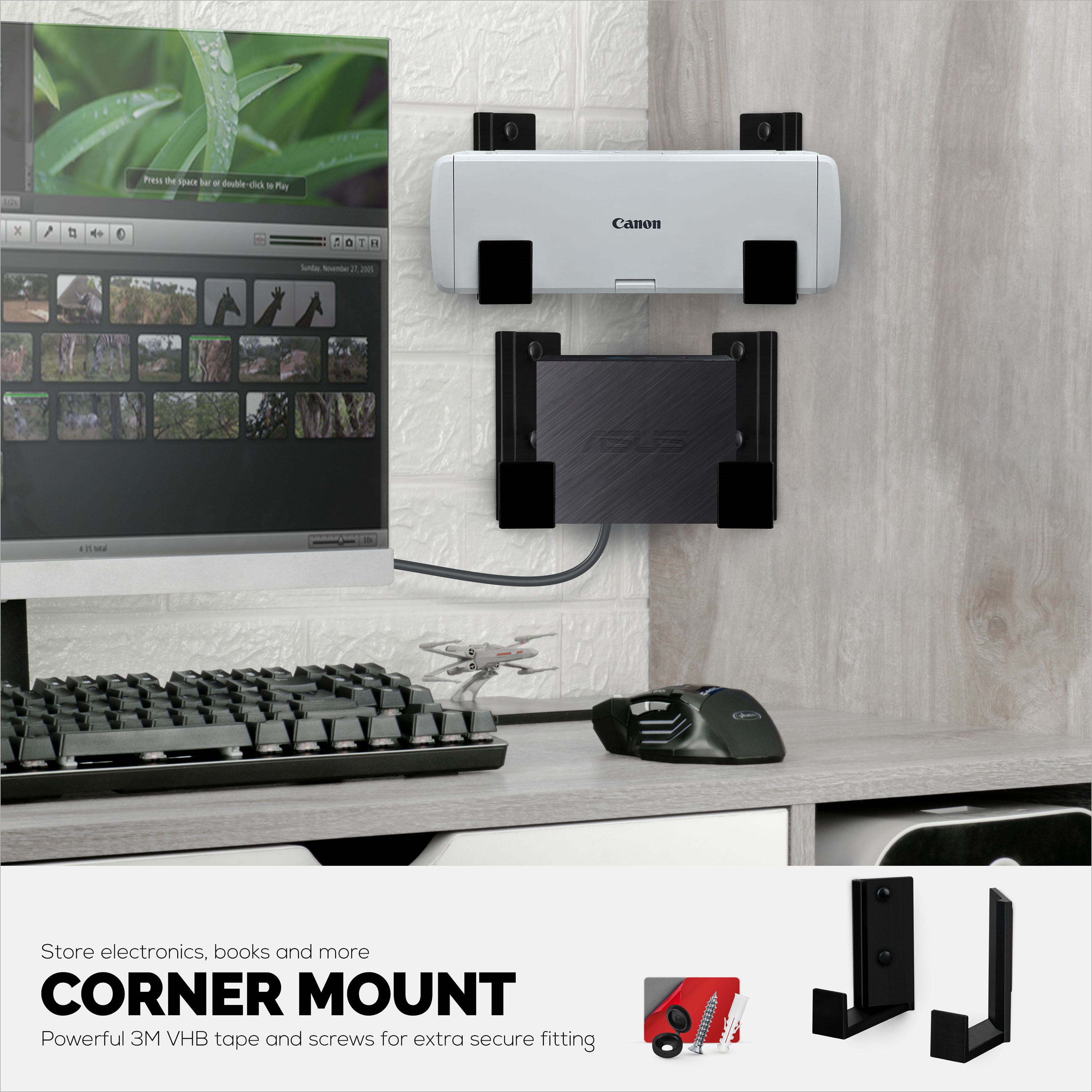 2.5" Corner Cable Box & Router Wall Mount Holder, Adhesive & Screw-In, for Network Switch, Modem, Mesh Wifi, Apple TV, Cameras, Speakers & More, Devices Up to 2.5" / 63mm Thick