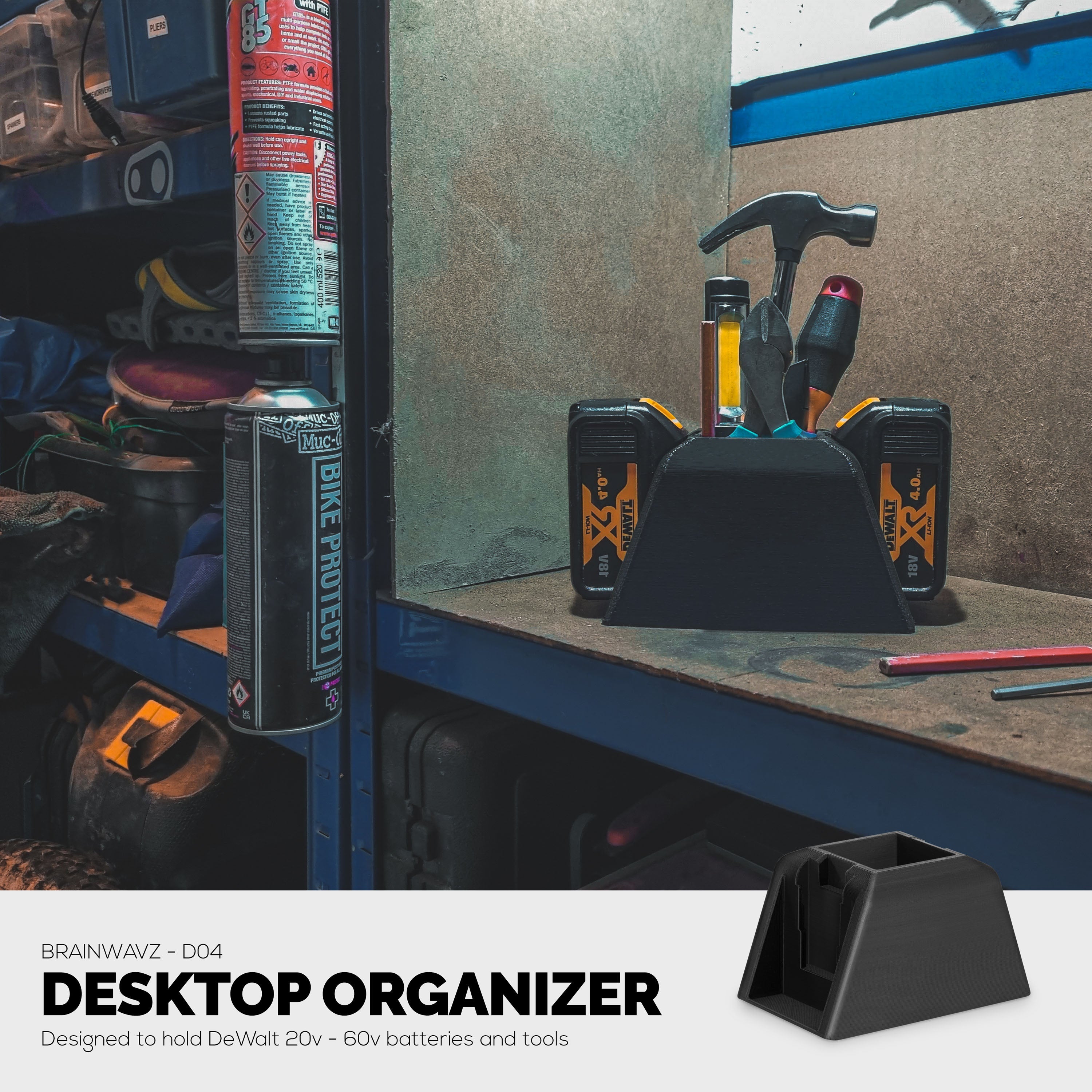 Desktop Battery Holder for Dewalt 20V / 60V Cordless Batteries With Tool & Pen Storage Organizer Compartment, Fits DCB200 DCB203 DCB205 DCB206 DCB606 DCB 609 Batteries