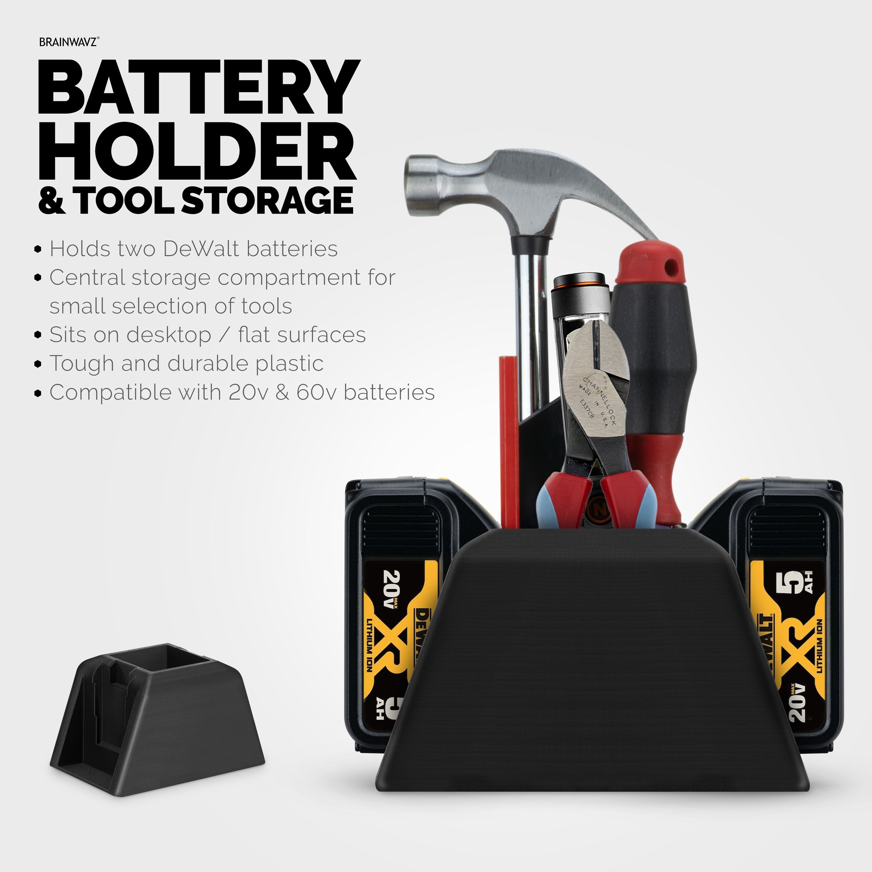 Desktop Battery Holder for Dewalt 20V / 60V Cordless Batteries With Tool & Pen Storage Organizer Compartment, Fits DCB200 DCB203 DCB205 DCB206 DCB606 DCB 609 Batteries