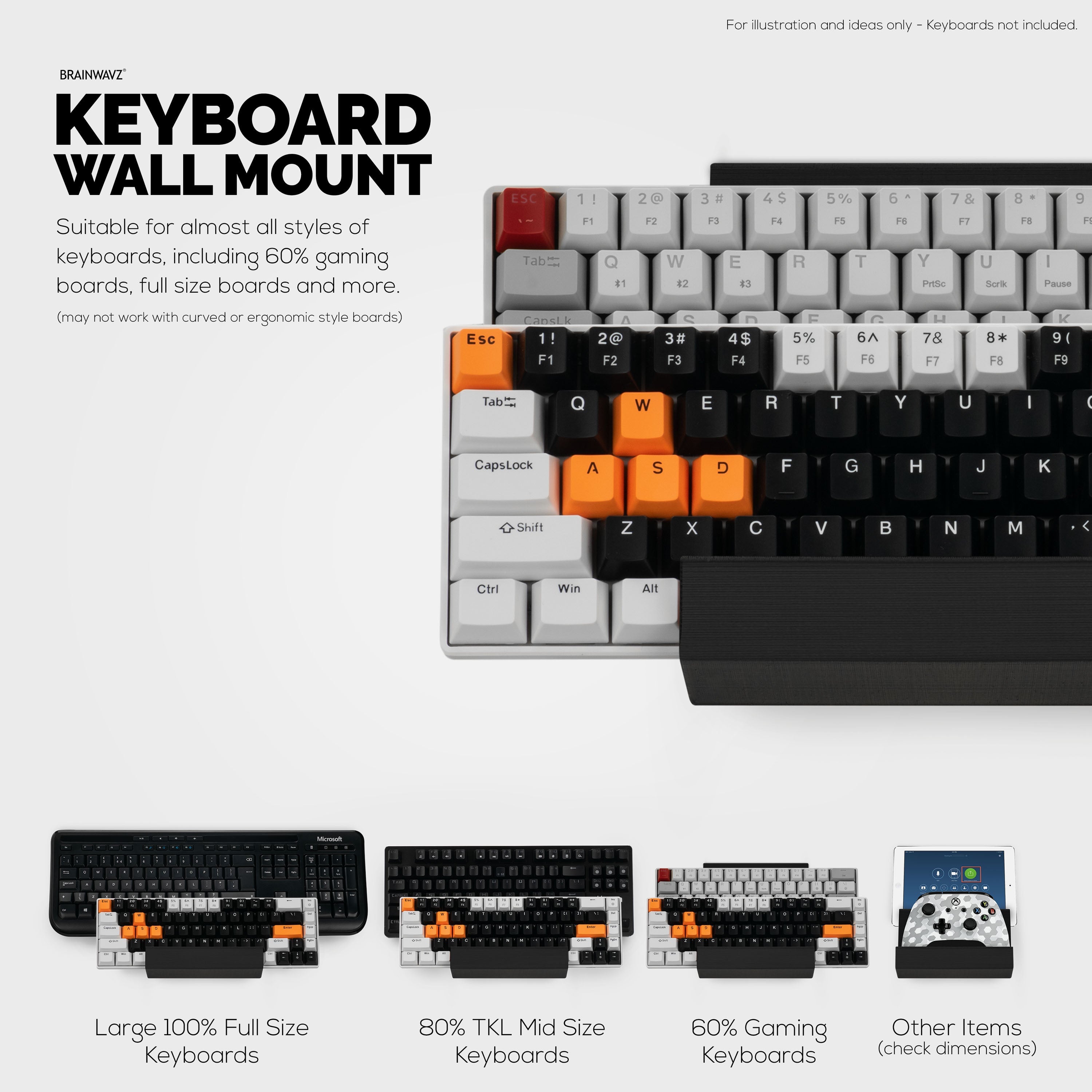 Dual Gaming Keyboard Stand for Wall Mounting - Adhesive or Screw Mount Installation - Stylish and Space Saving Solution for Gamers, Home & Office (KBW03)