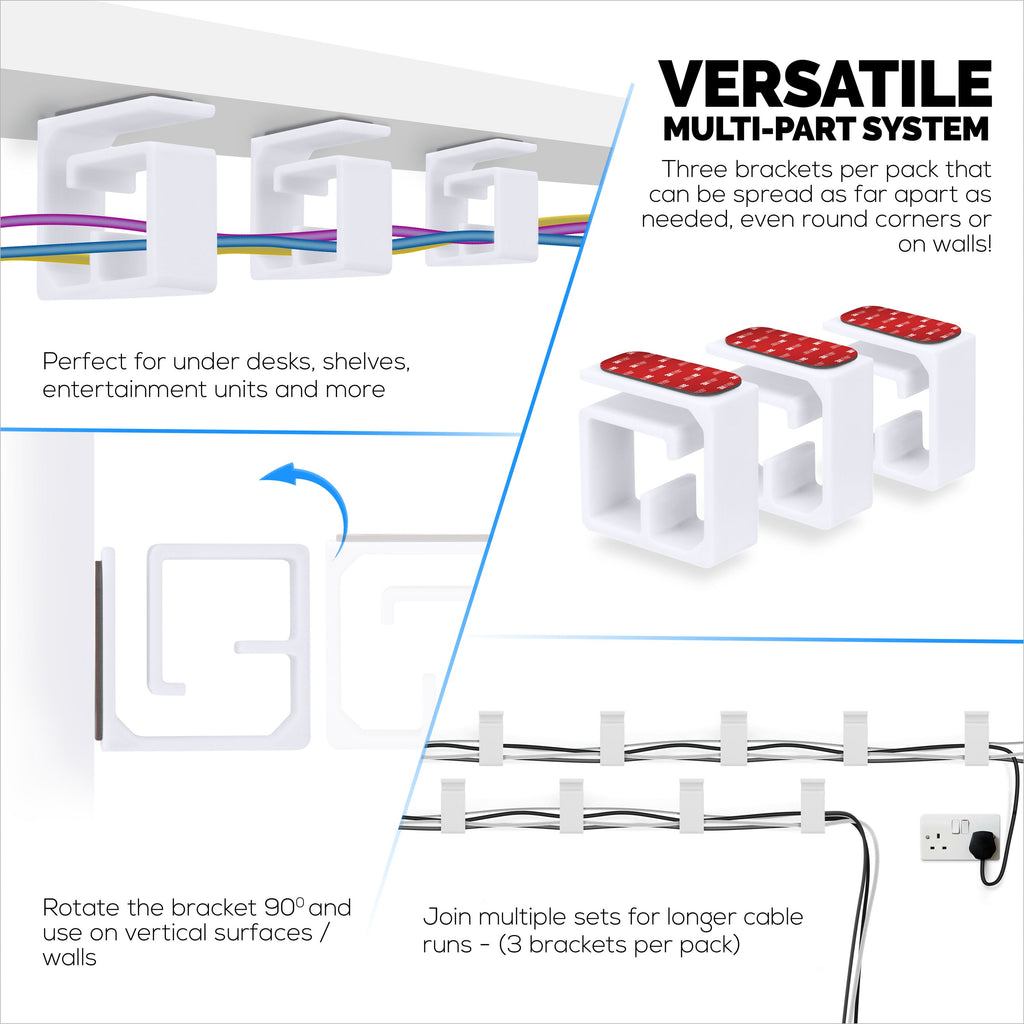 3pc VHB Cable Organizer Holder, For Heavy Cables, PC Cords & Wires with Strong Adhesive, Under Desk Mount Management System - Large