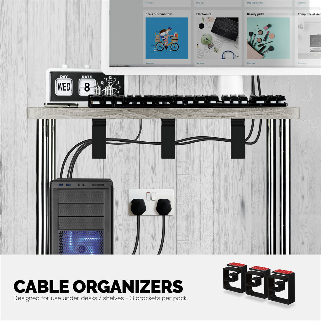 3pc VHB Cable Organizer Holder, For Heavy Cables, PC Cords & Wires with Strong Adhesive, Under Desk Mount Management System - XL