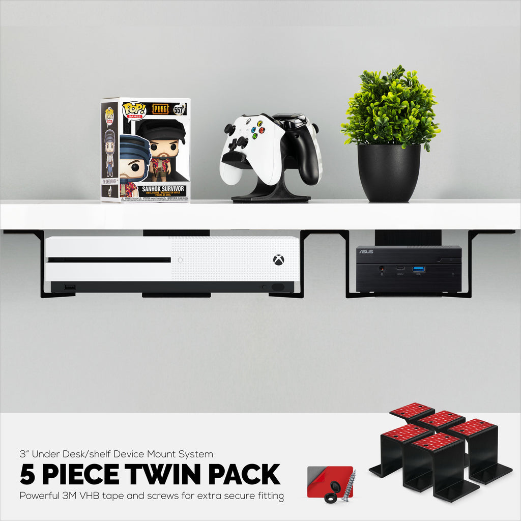 Twin Under Desk Laptop & Device Holder Mount, Adhesive & Screw In, Devices upto 3" Like Small Computers Laptops Macbook Surface Keyboard Routers Modems Cable Box Network Switch & More