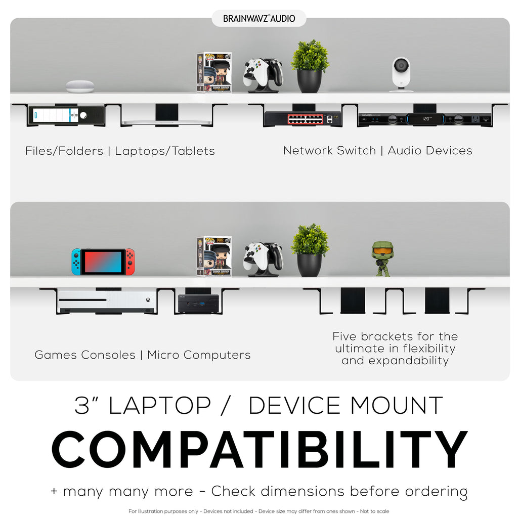 Twin Under Desk Laptop & Device Holder Mount, Adhesive & Screw In, Devices upto 3" Like Small Computers Laptops Macbook Surface Keyboard Routers Modems Cable Box Network Switch & More