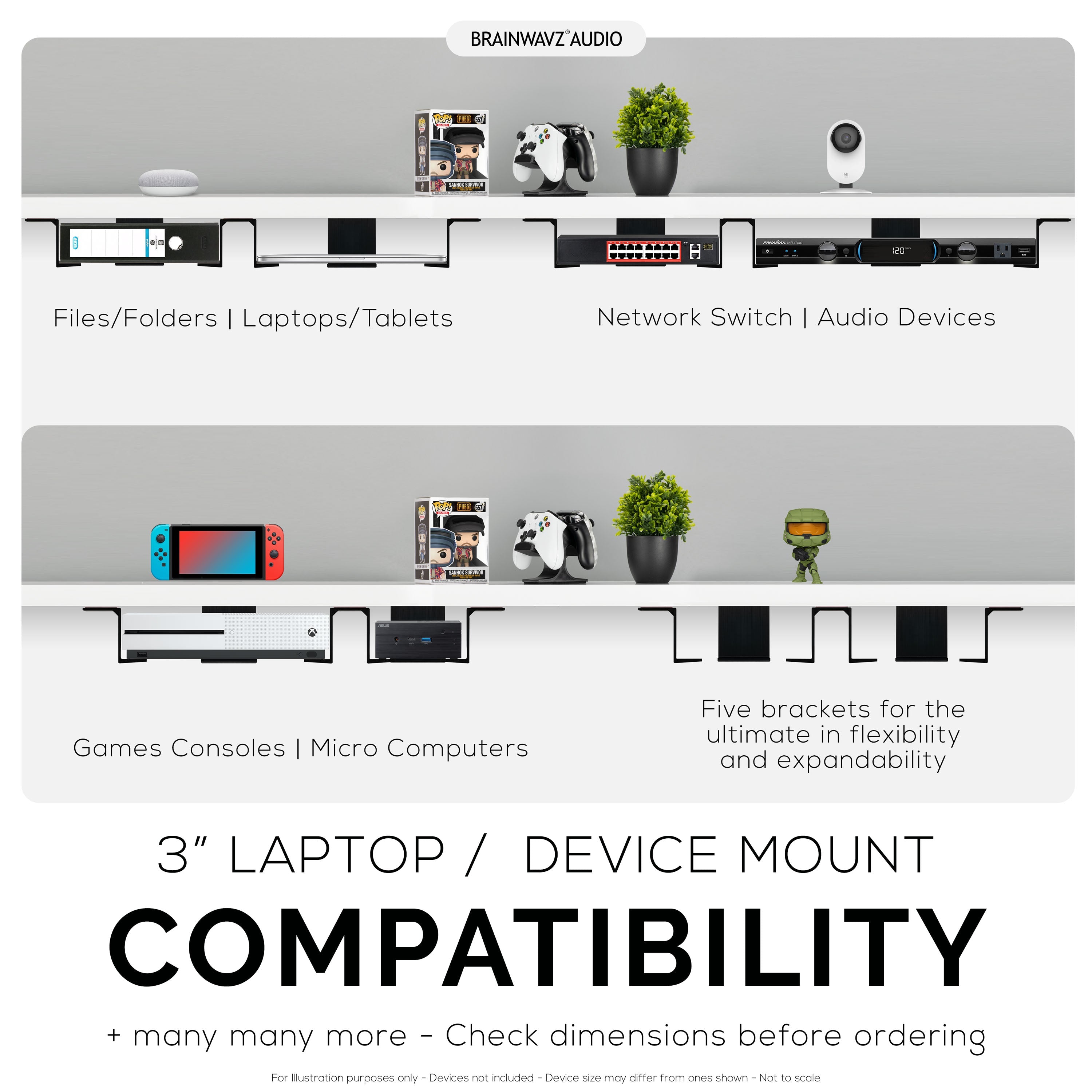 Twin Under Desk Laptop & Device Holder Mount, Adhesive & Screw In, Devices upto 3" Like Small Computers Laptops Macbook Surface Keyboard Routers Modems Cable Box Network Switch & More