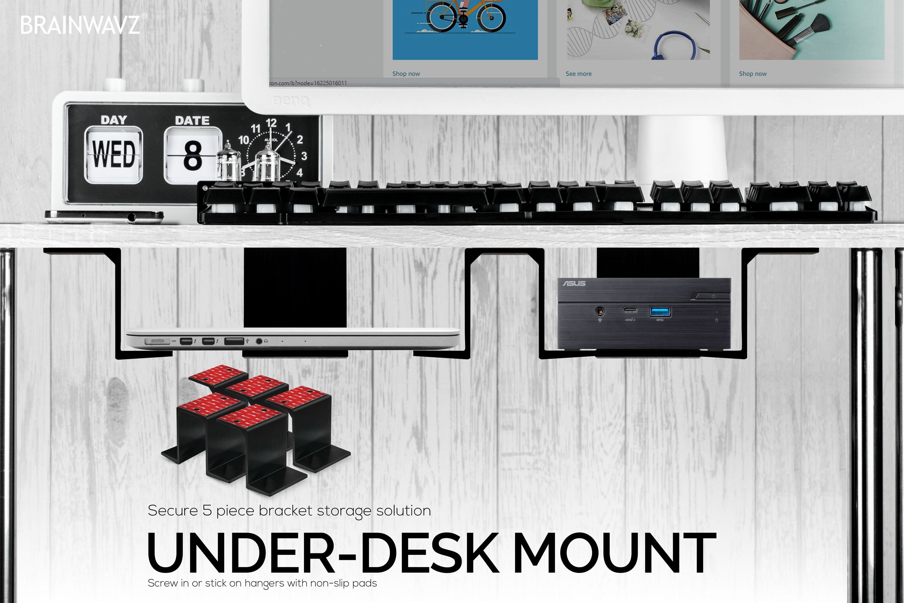 Twin Under Desk Laptop & Device Holder Mount, Adhesive & Screw In, Devices upto 3" Like Small Computers Laptops Macbook Surface Keyboard Routers Modems Cable Box Network Switch & More