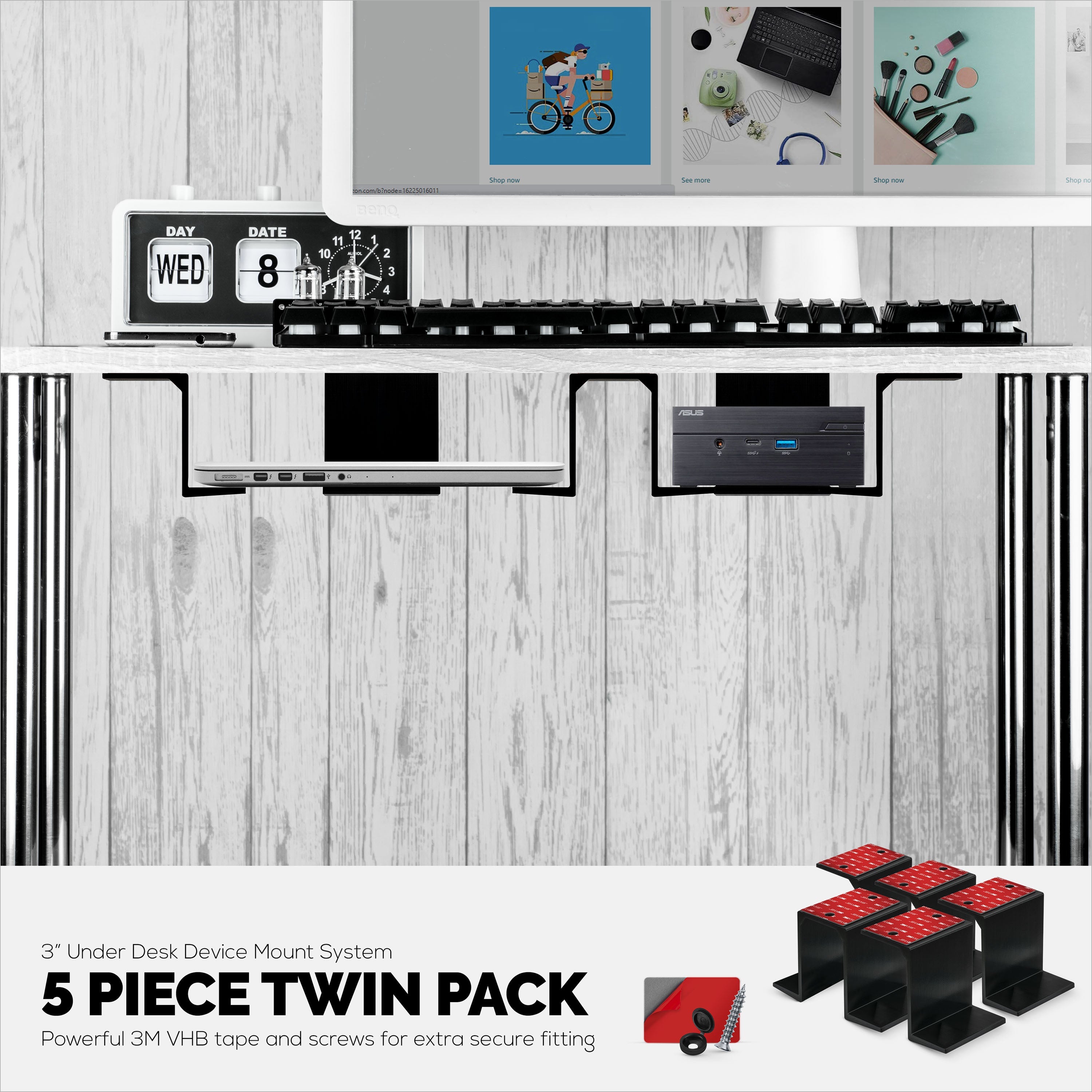 Twin Under Desk Laptop & Device Holder Mount, Adhesive & Screw In, Devices upto 3" Like Small Computers Laptops Macbook Surface Keyboard Routers Modems Cable Box Network Switch & More