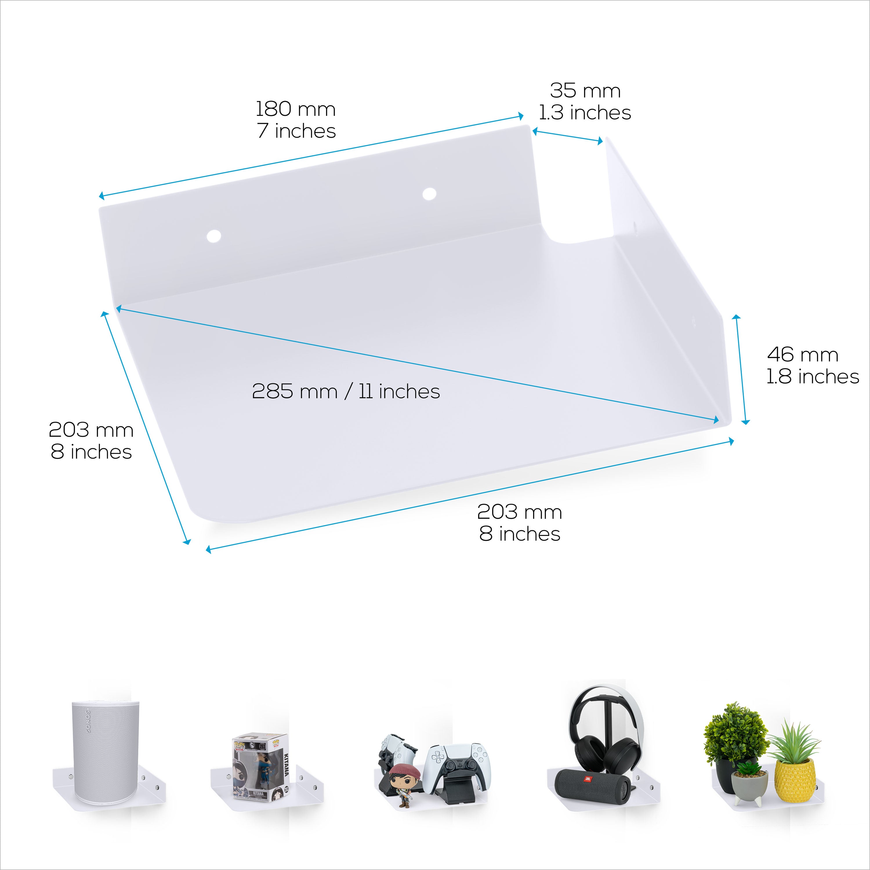 8" Metal Corner Wall Mount Shelf for Baby Monitors, Security Cameras, Sonos Speaker, Also For Wif Routers, Decor, Plants, Router, Photos, Kitchen, Bathroom, Cable Box & More