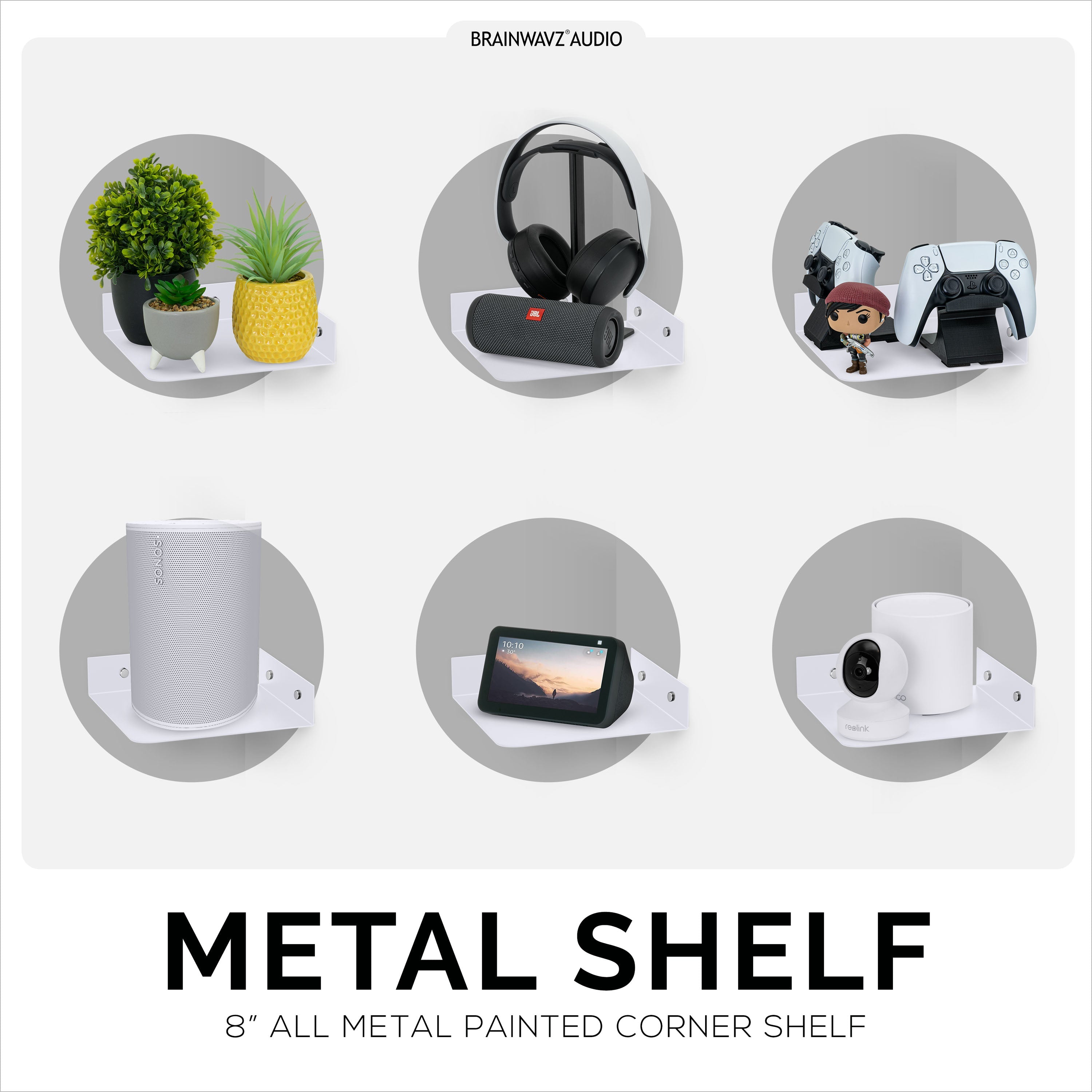 8" Metal Corner Wall Mount Shelf for Baby Monitors, Security Cameras, Sonos Speaker, Also For Wif Routers, Decor, Plants, Router, Photos, Kitchen, Bathroom, Cable Box & More