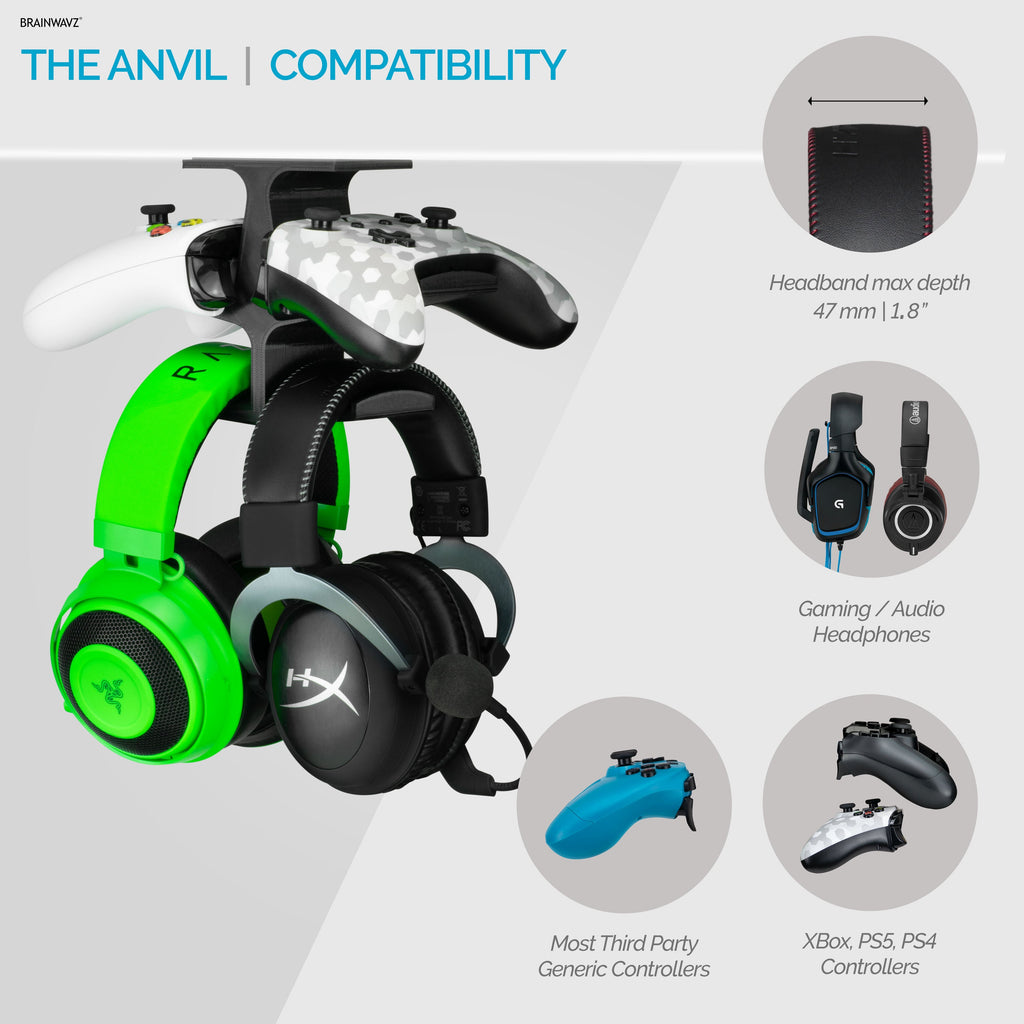 The Anvil - Under Desk Dual Controller & Dual Headphone Hanger - Adhesive Mount, Easy to Install, No Screws
