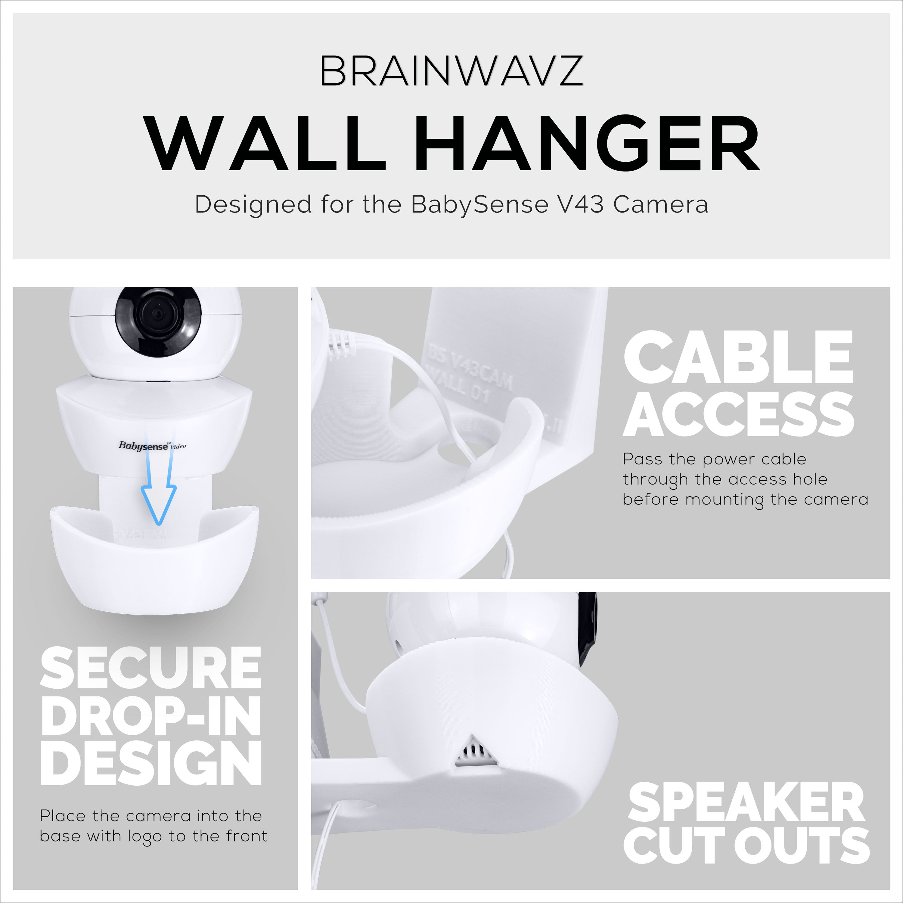 Wall Mount for BabySense V43 Baby Monitor Camera - Adhesive Holder, Easy to Install, No Tools Needed, No Mess, No Drilling, Strong Mount, White