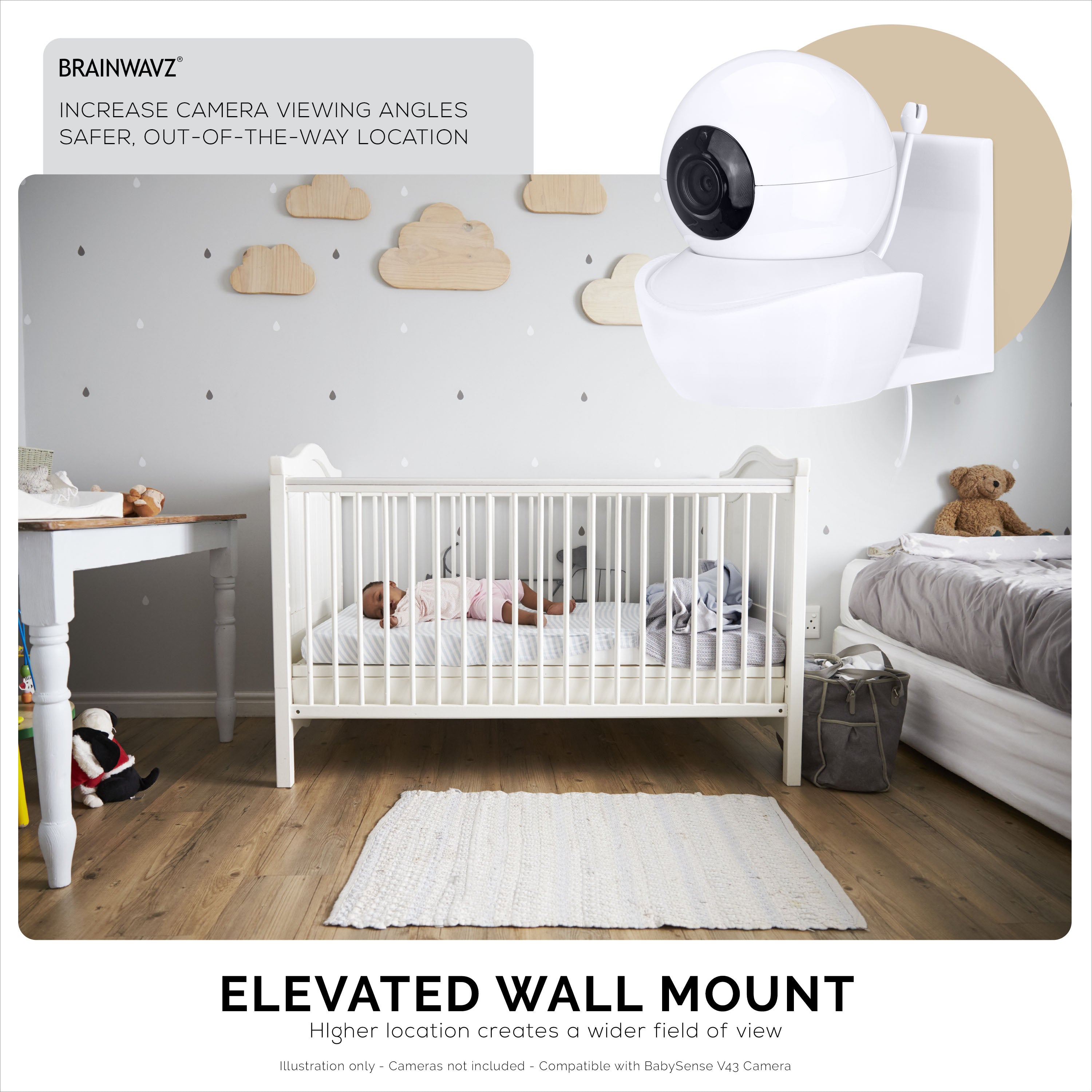 Wall Mount for BabySense V43 Baby Monitor Camera - Adhesive Holder, Easy to Install, No Tools Needed, No Mess, No Drilling, Strong Mount, White
