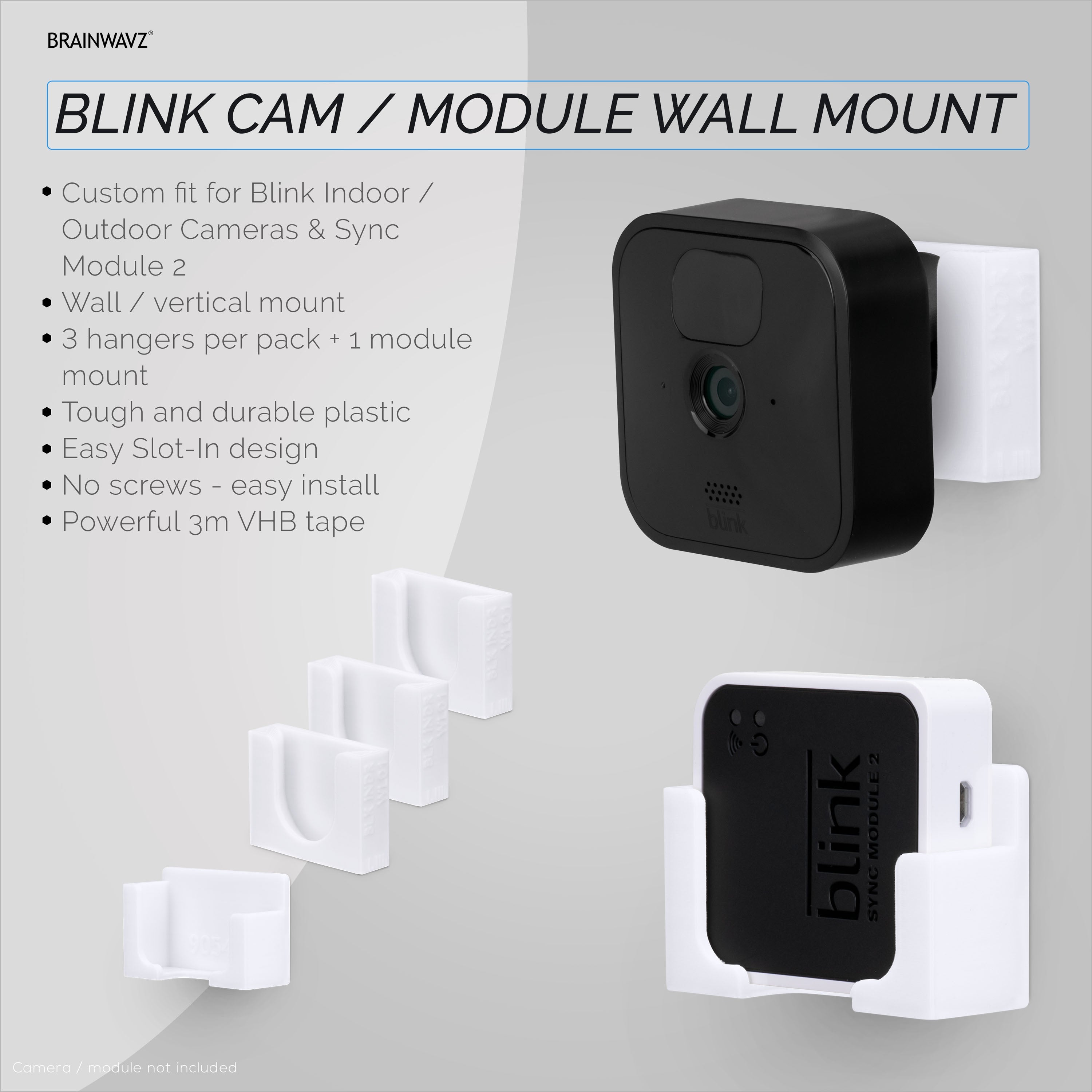 Adhesive Blink Outdoor Indoor (3rd Gen) & Sync Module Camera Mount, 3+1 Pack Holder, No Hassle Installation, No Screws, No Mess Bracket Stand