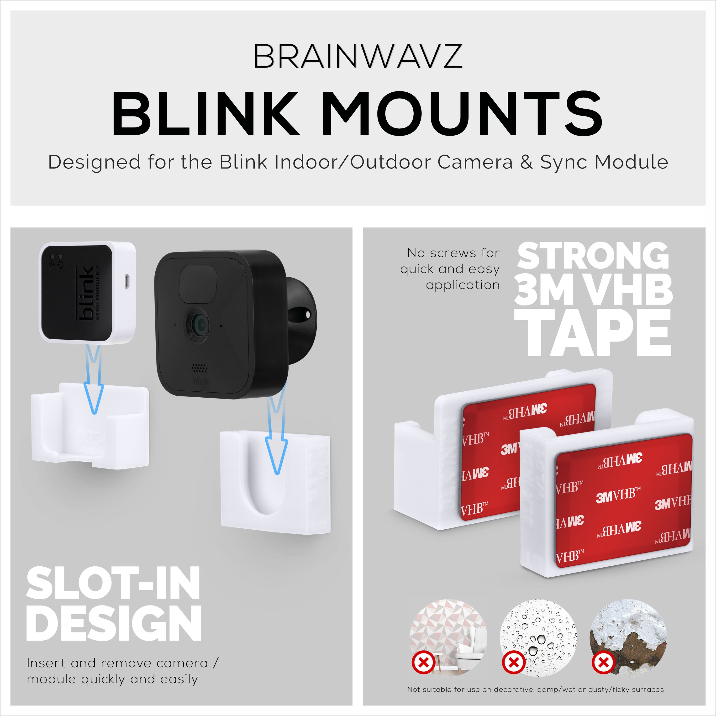 Adhesive Blink Outdoor Indoor (3rd Gen) & Sync Module Camera Mount, 3+1 Pack Holder, No Hassle Installation, No Screws, No Mess Bracket Stand