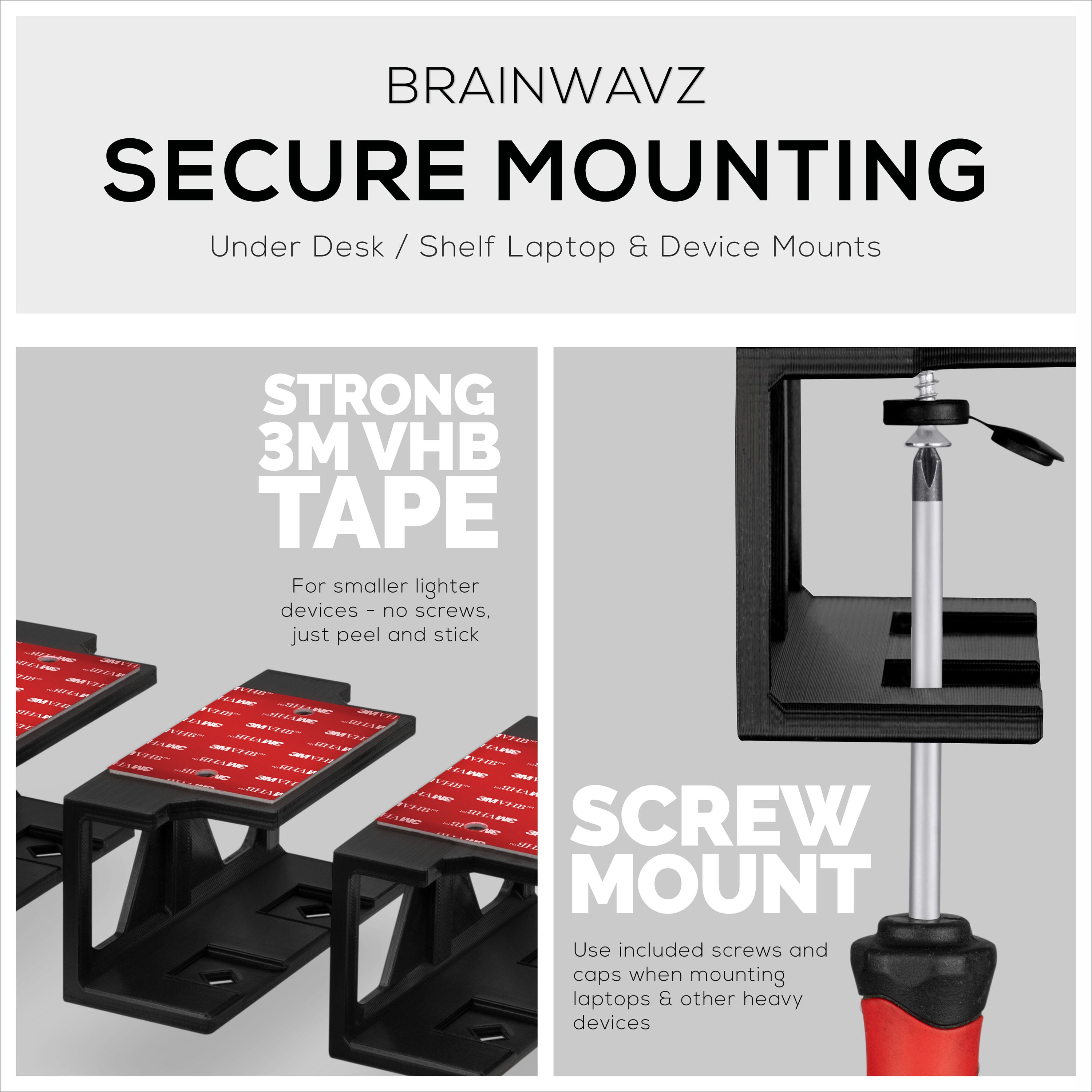 Under Desk Laptop Holder Mount with Adhesive & Screws For Devices like Laptops Macbooks Surface Keyboard Routers Modem Cable Box Network Switch & More