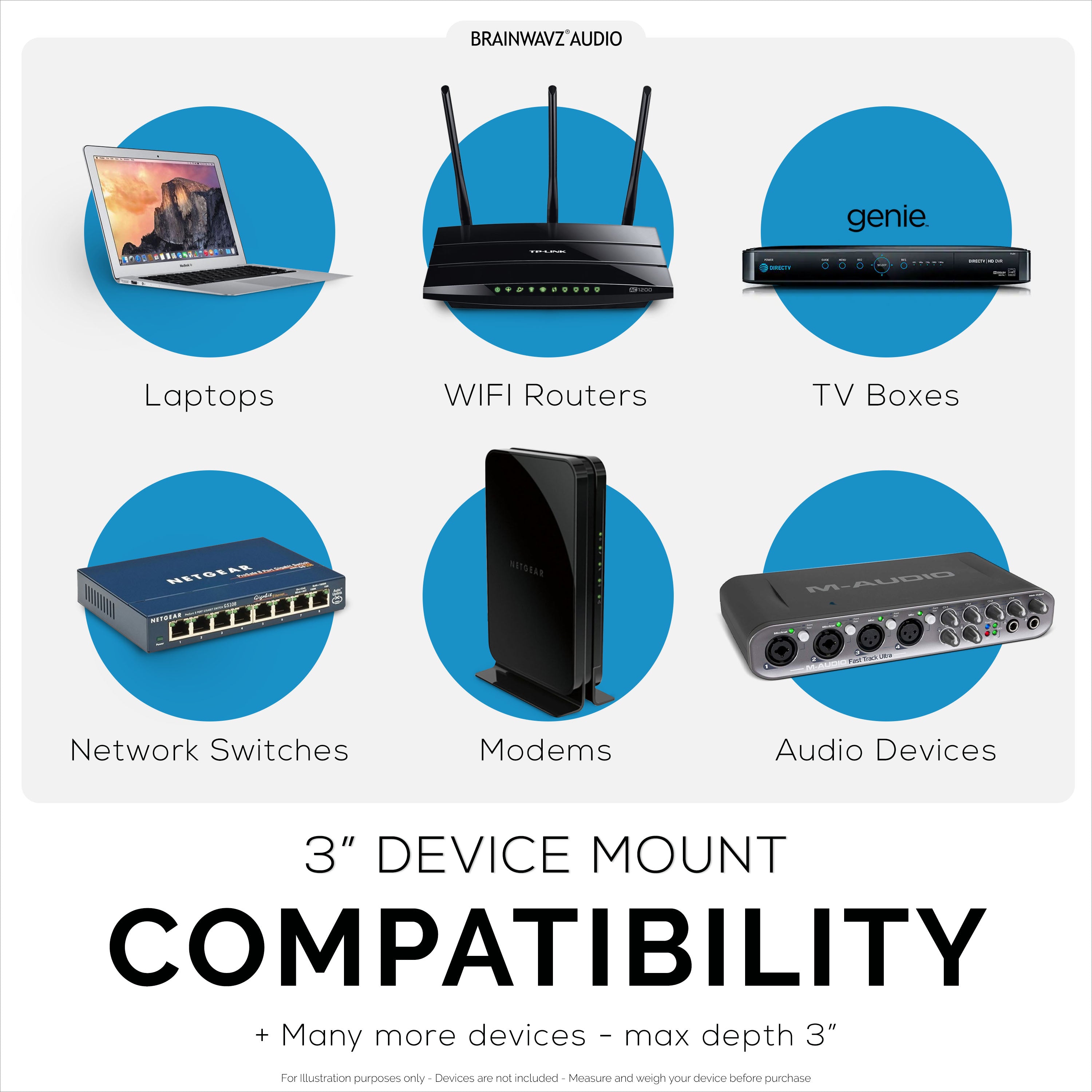 Vertical 3" Wall Mount And Headphone Hanger Holder, Adhesive & Screw-In for Laptops, Modem Router Mesh TV Cable Box, Network Switch & More