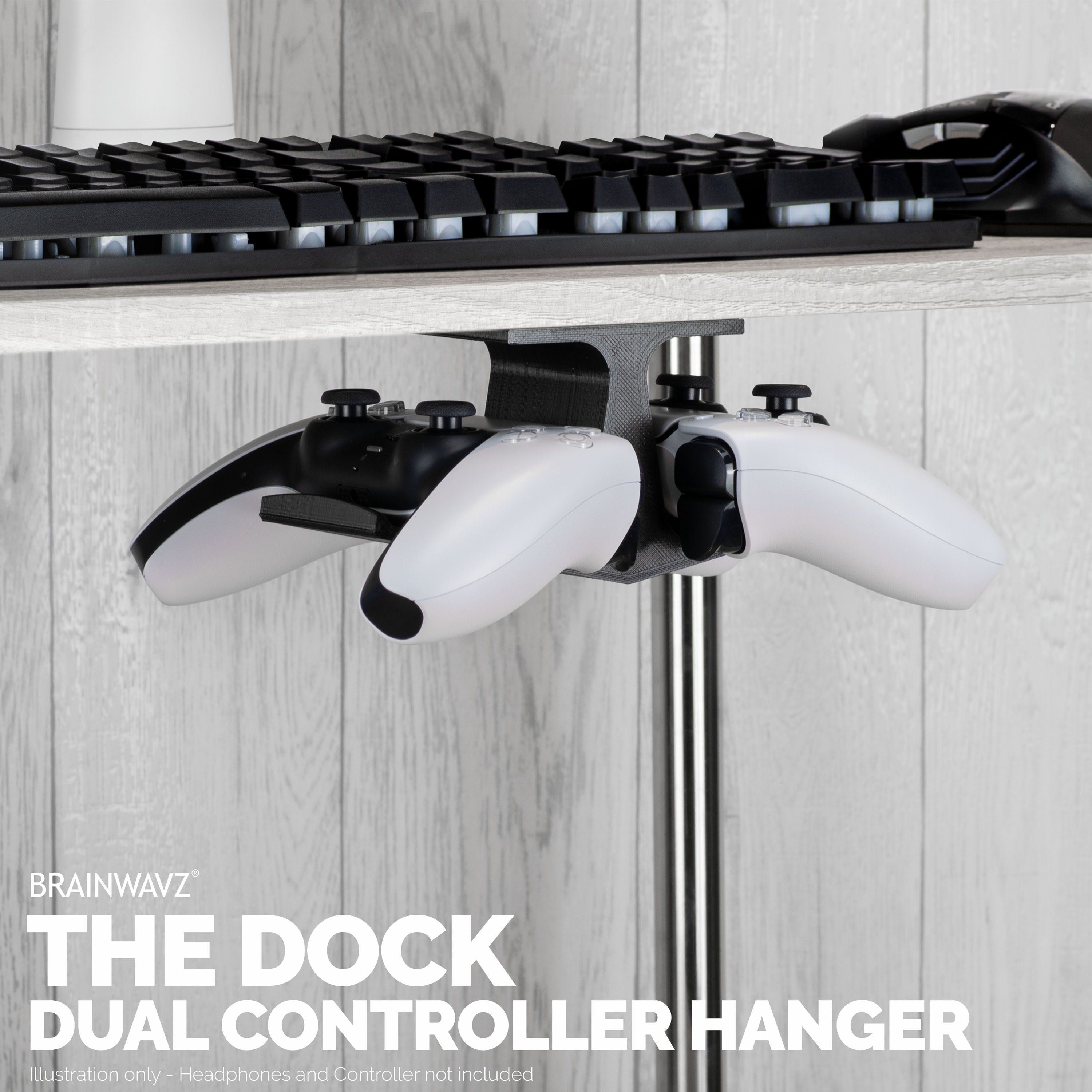 The Dock - Dual Under Desk Game Controller Hanger for Xbox, PS5/PS4, Universal Mount, No Mess & Easy to Install