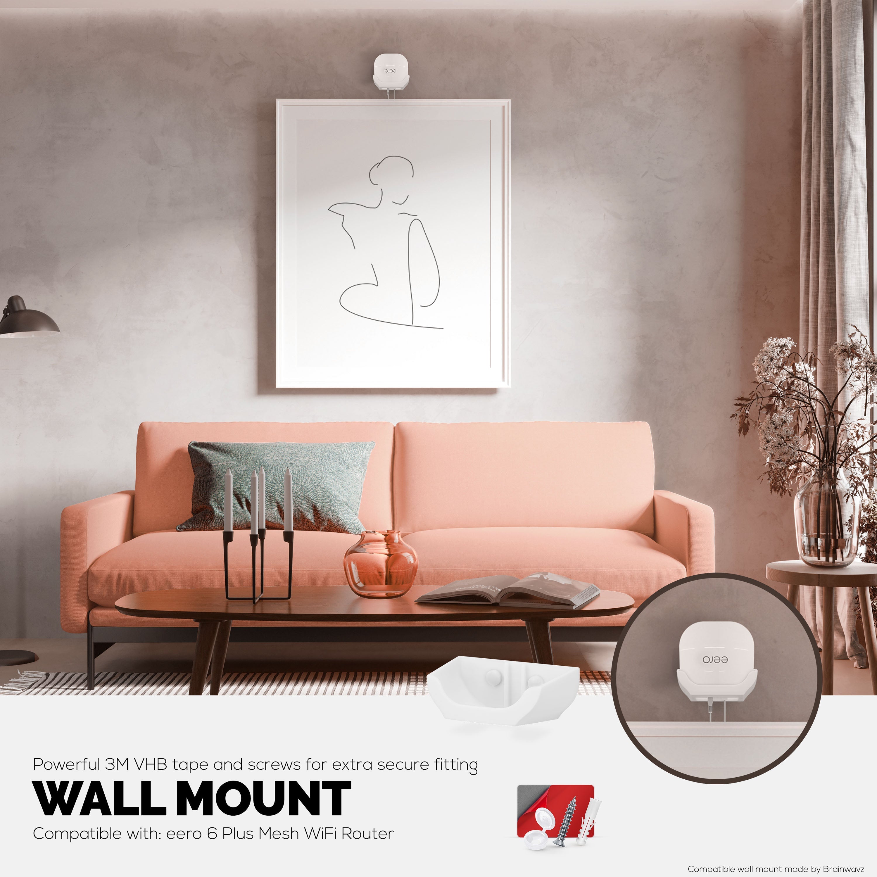 Screwless Wall Mount For EERO 6 Plus Mesh Wifi Router (ONLY WORKS WITH 6 PLUS), Strong VHB Adhesive, Easy to Install, Reduce Interference & Increase Range, Stick On & Screw-in Mounting